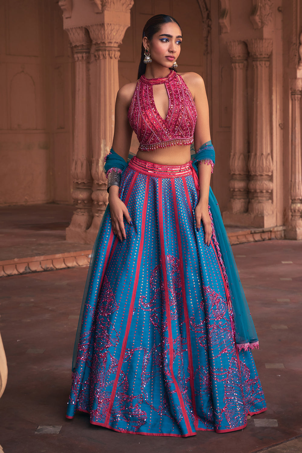 Teal Big Floral Print & Embroidered Lehenga Set