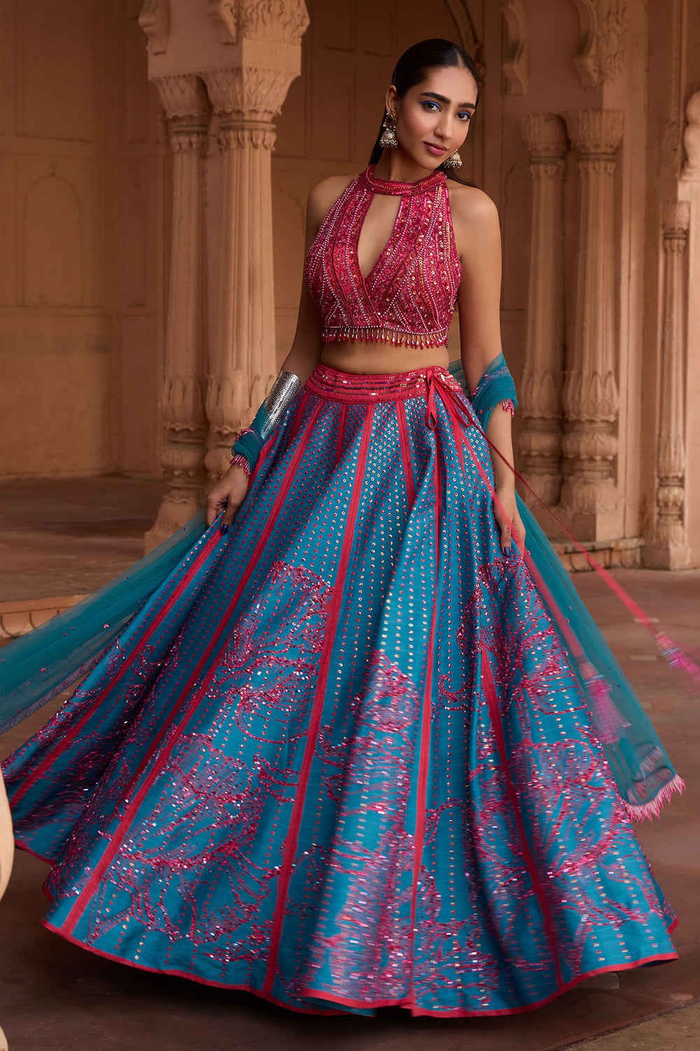 Teal Big Floral Print & Embroidered Lehenga Set