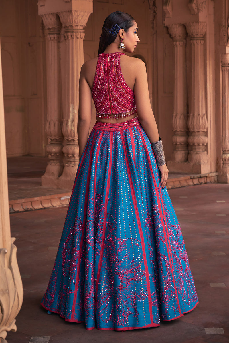 Teal Big Floral Print & Embroidered Lehenga Set