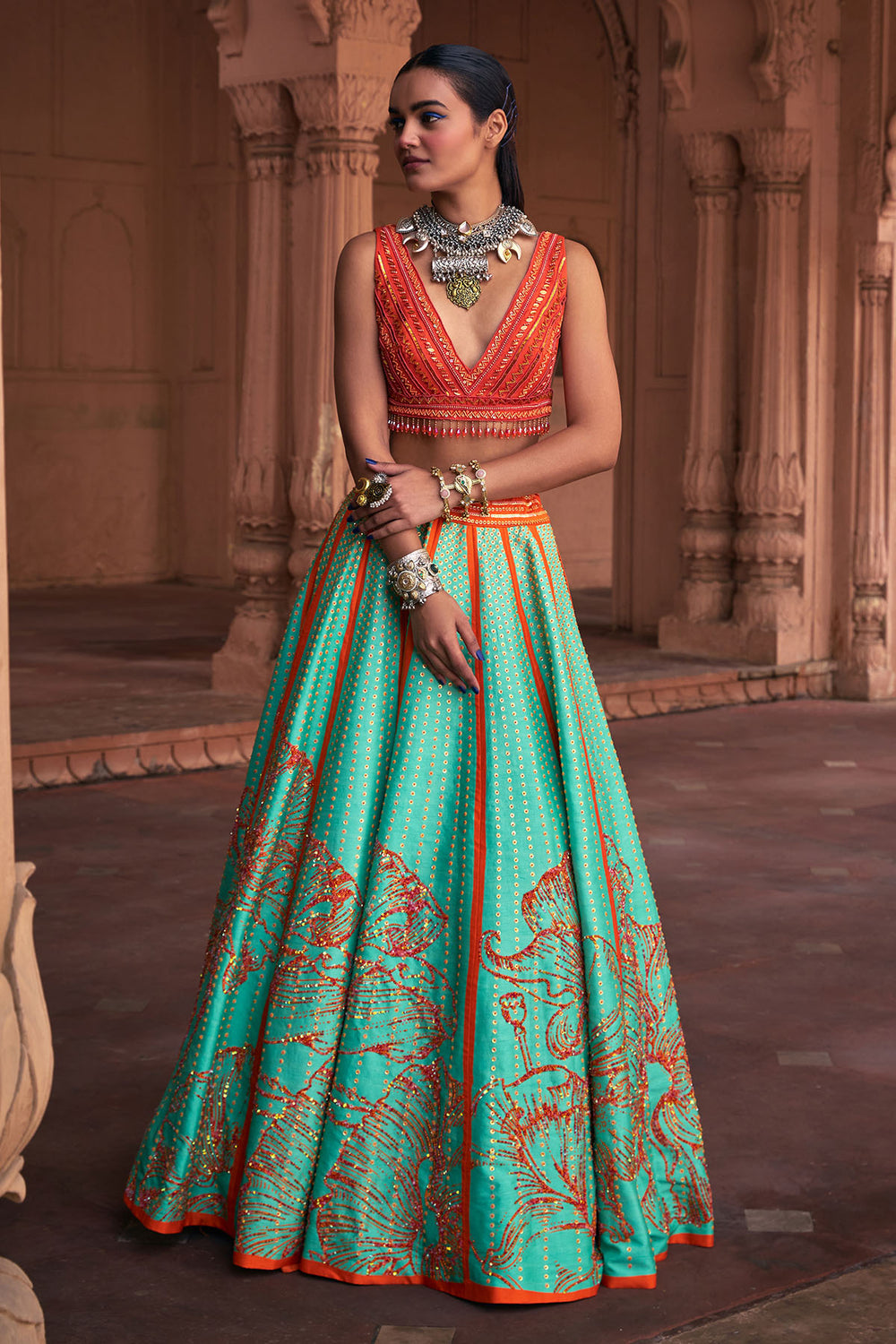 Sea Green Big Floral Print & Embroidered Lehenga Set