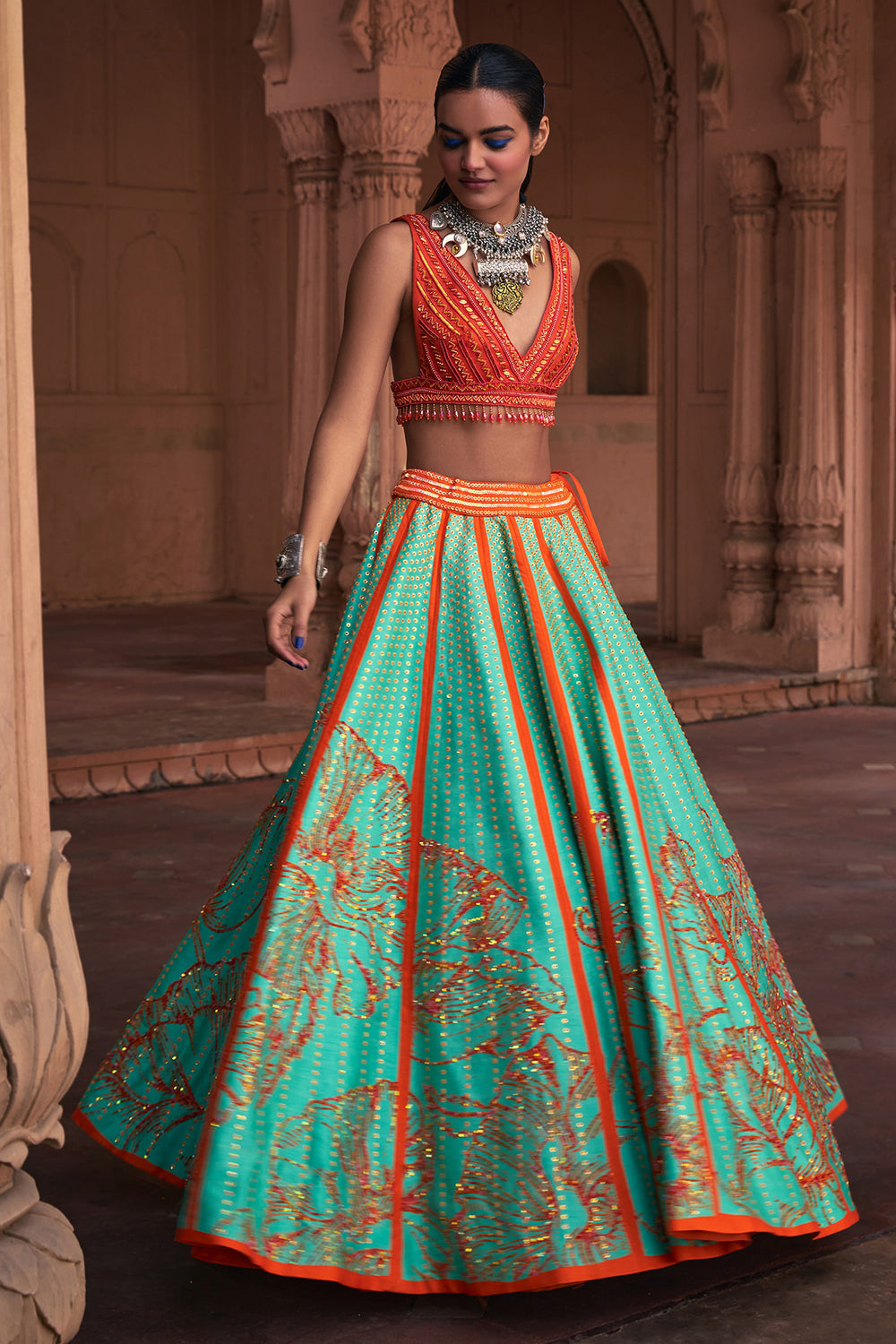 Sea Green Big Floral Print & Embroidered Lehenga Set