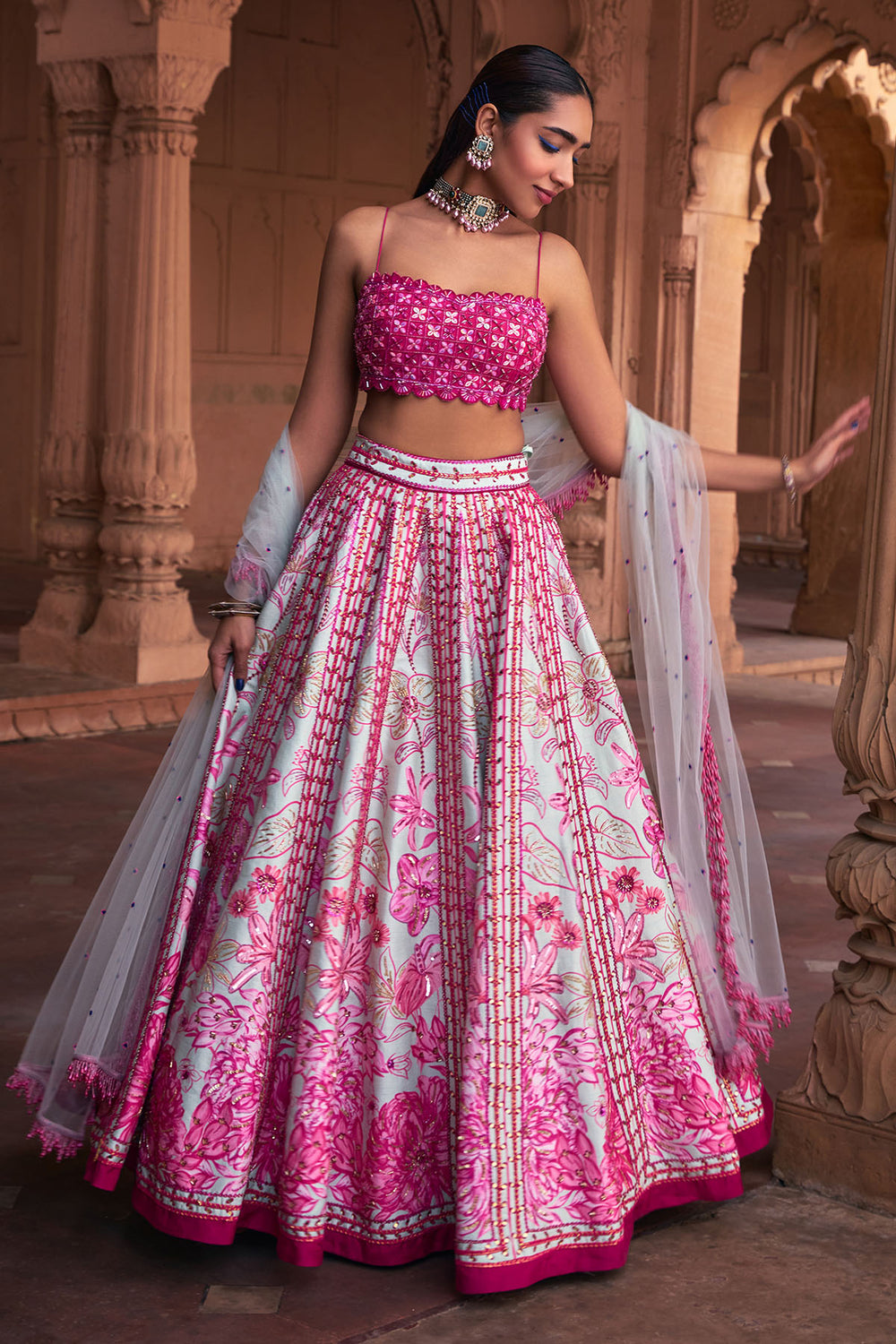 Fushcia Floral Frame Print & Embroidered Lehenga Set