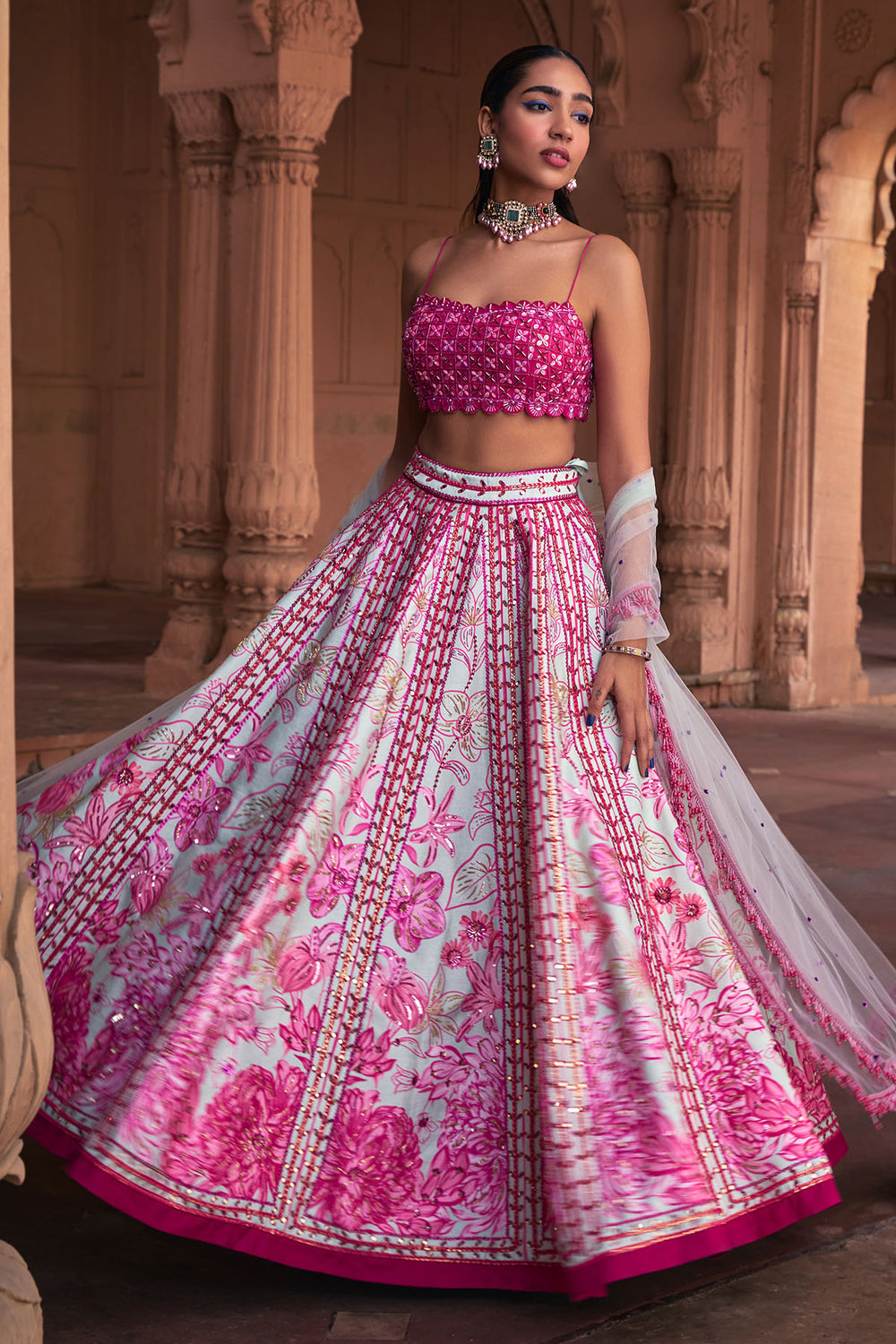 Fushcia Floral Frame Print & Embroidered Lehenga Set