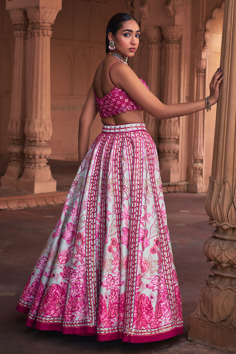 Fushcia Floral Frame Print & Embroidered Lehenga Set