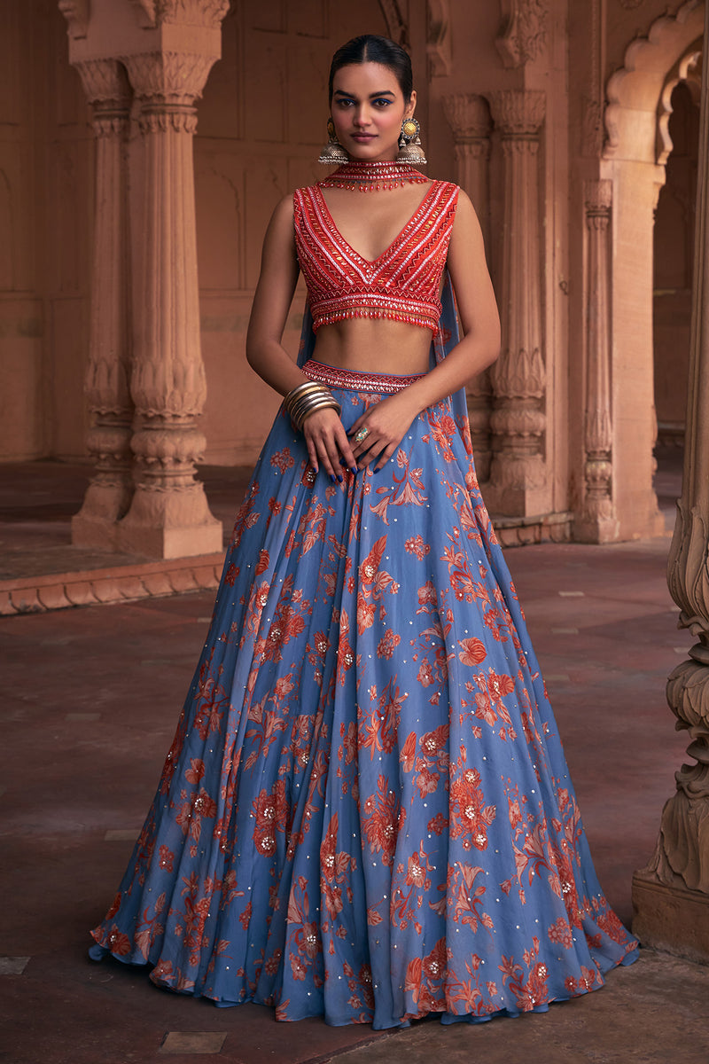 Slate Blue Floral Print & Highlighted Lehenga Set