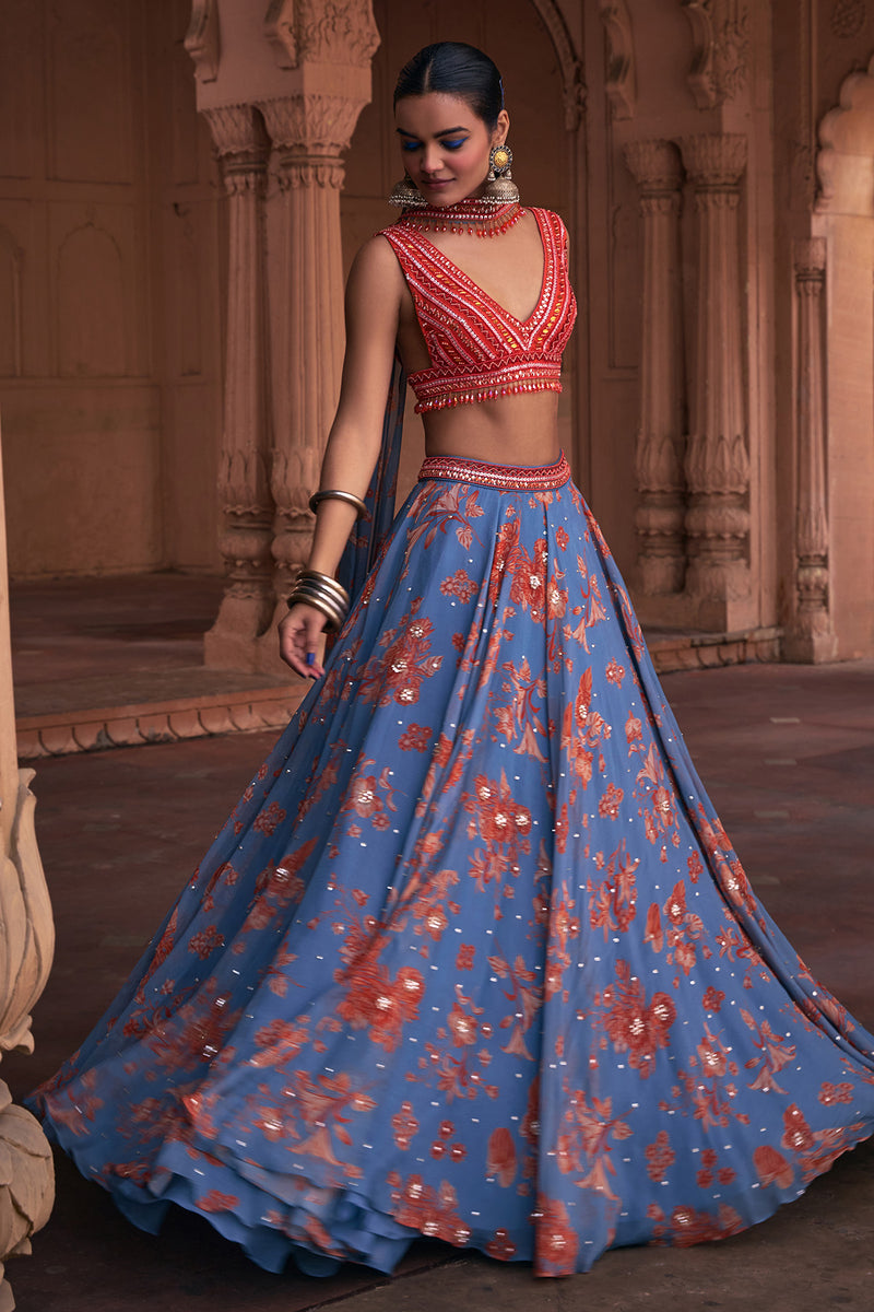 Slate Blue Floral Print & Highlighted Lehenga Set