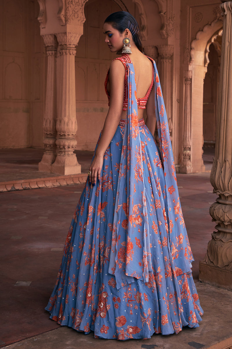 Slate Blue Floral Print & Highlighted Lehenga Set