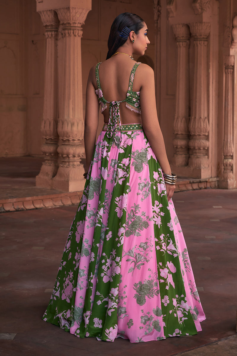 Sage Green Floral Print & Highlighted Lehenga Set