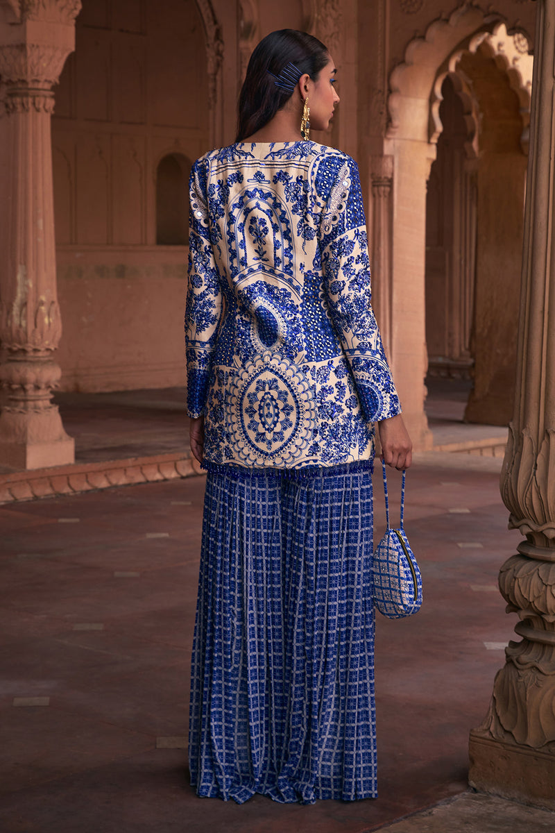 Blue Thikri Print & Highlighted Jacket Set