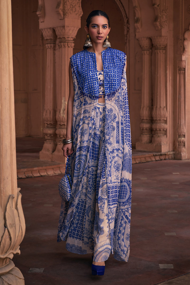 Blue Thikri Print & Highlighted Cape Set