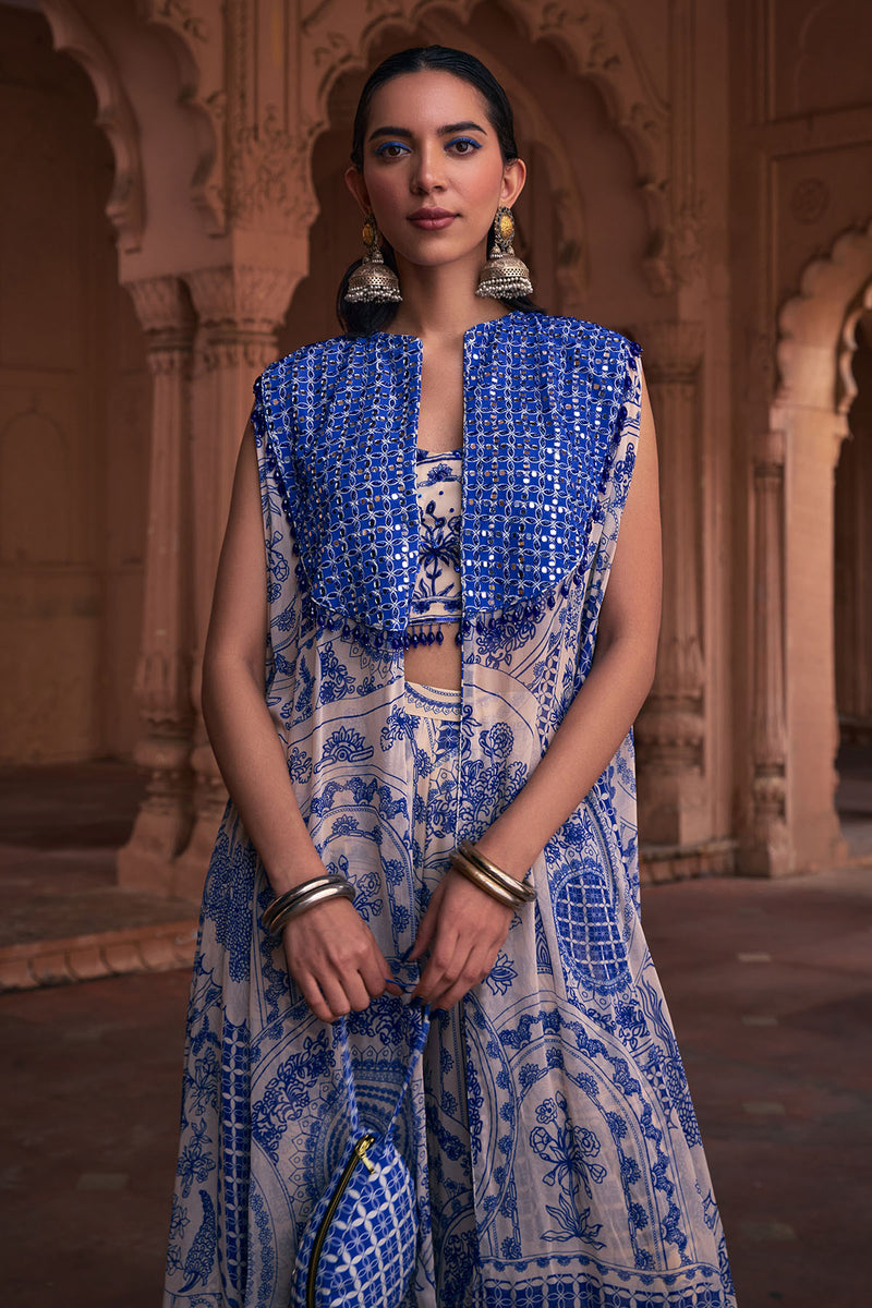 Blue Thikri Print & Highlighted Cape Set