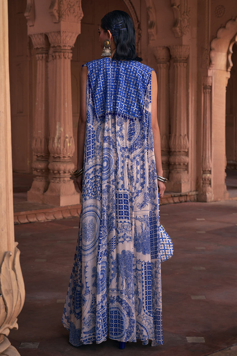 Blue Thikri Print & Highlighted Cape Set