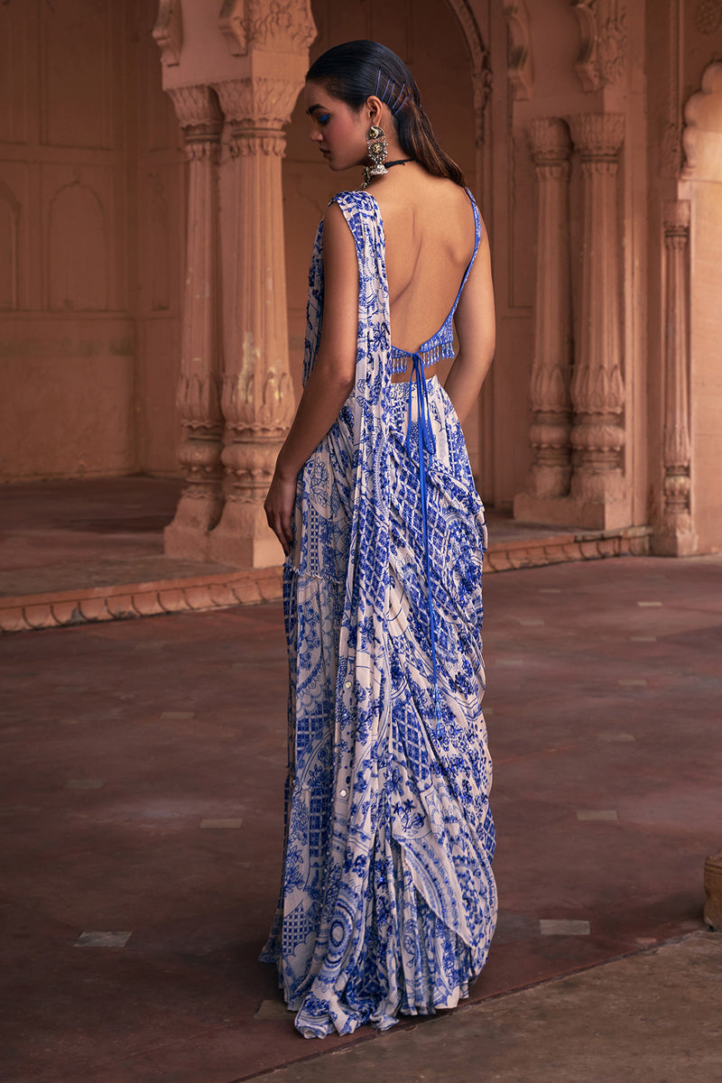 Blue Thikri Print & Highlighted Saree Set