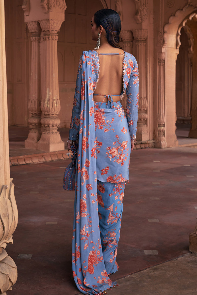 Slate Blue Floral Print & Highlighted Saree Set