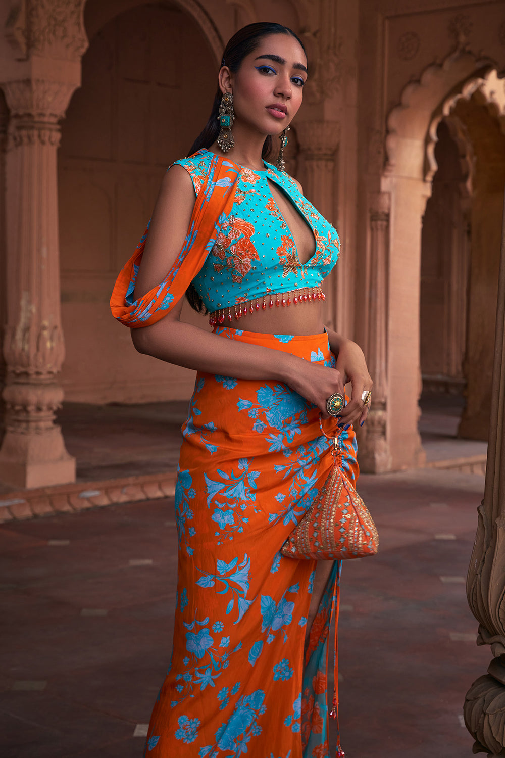 Tangerine Floral Print & Highlighted Crop Top Set