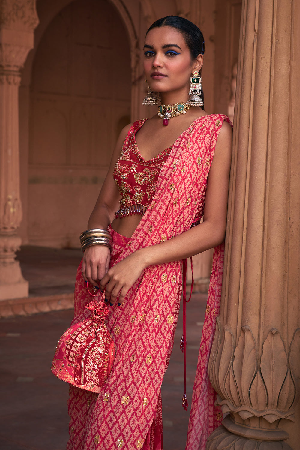 Maroon Thikri Print & Highlighted Saree Set