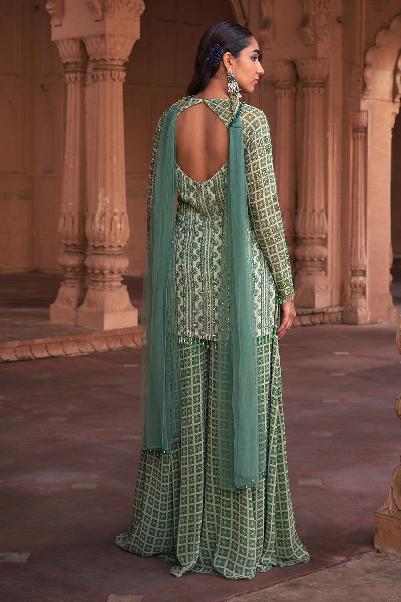 Sage Green Grid Print & Highlighted Kurti Set