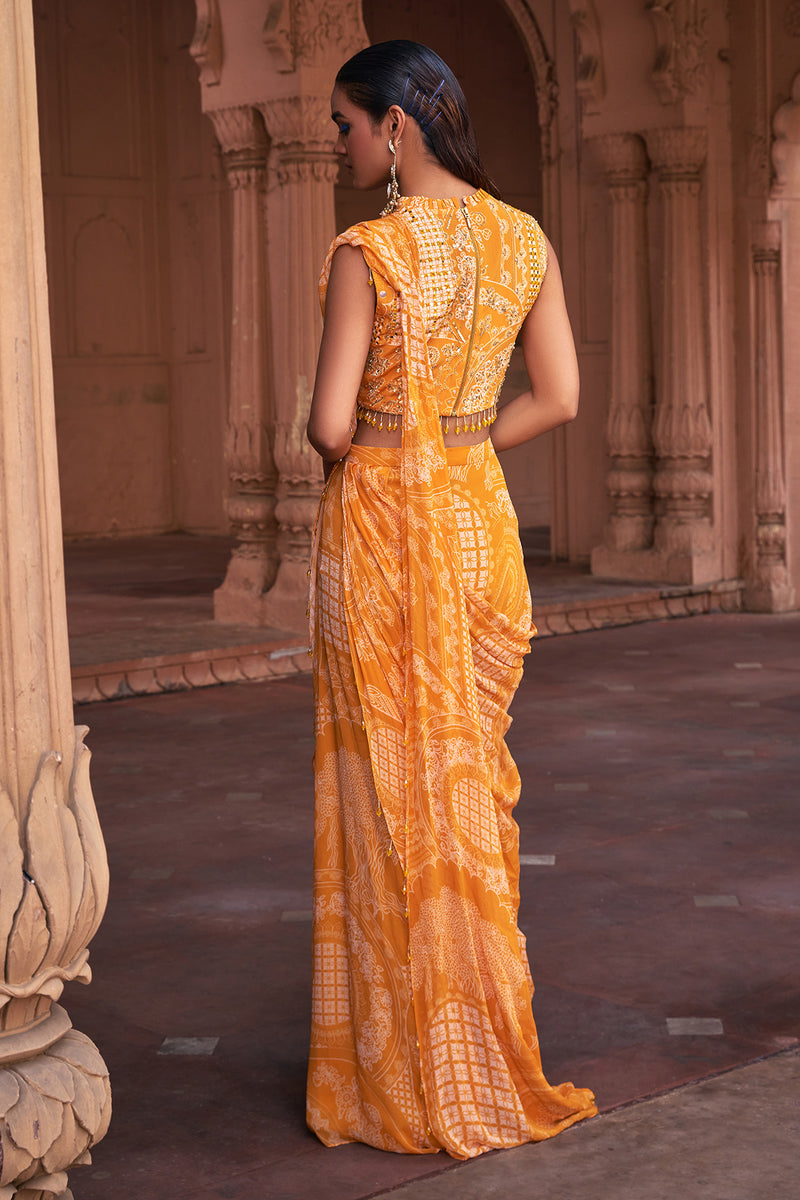 Mustard Thikri Print & Highlighted Saree Set