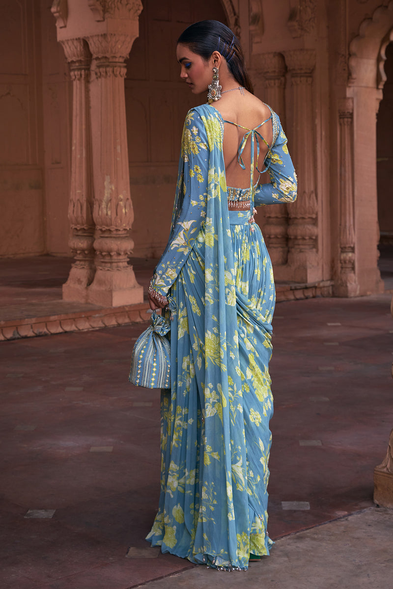 Ice Blue Floral Print & Highlighted Saree Set