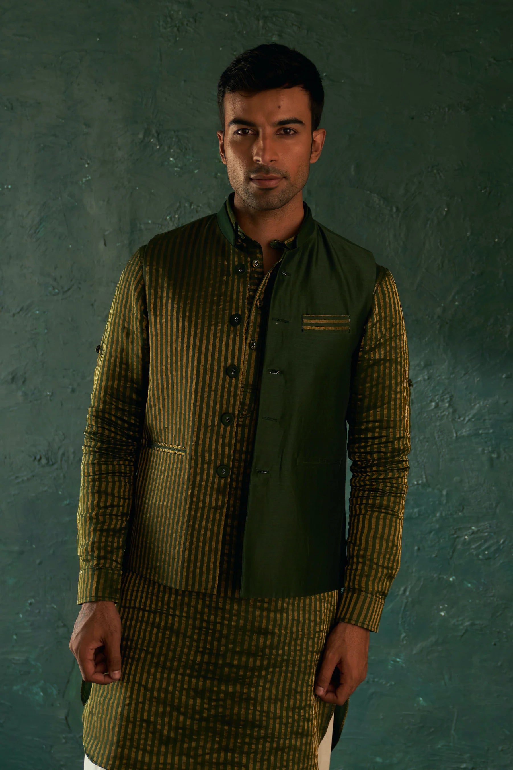 Deep Green Tissue Stripe Pathani Kurta Set