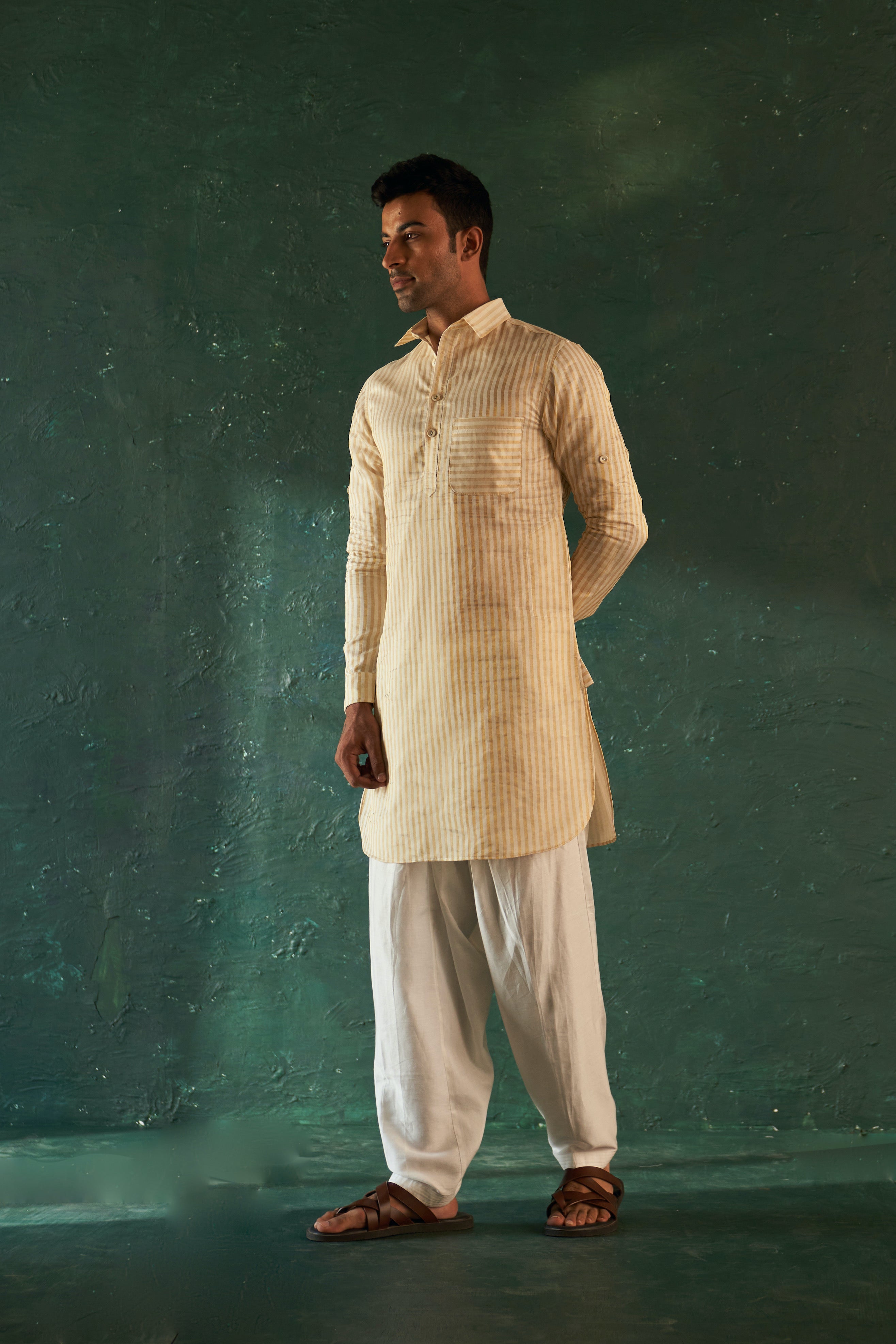 CY Charkhee White Stripe Pathani Kurta Set with Jacket Front 2