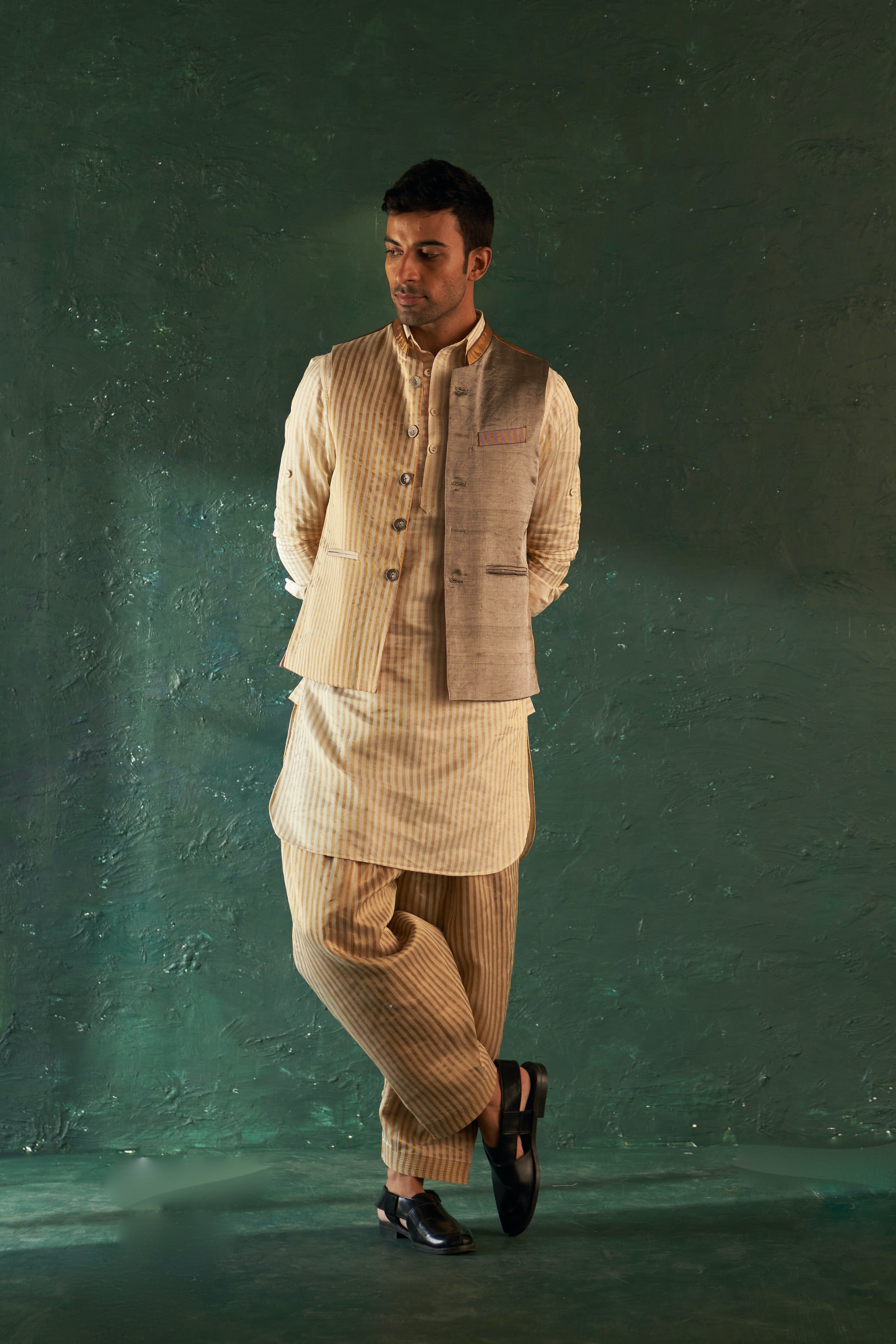 CY Charkhee White Stripe Pathani Kurta Set with Bundi Front 1