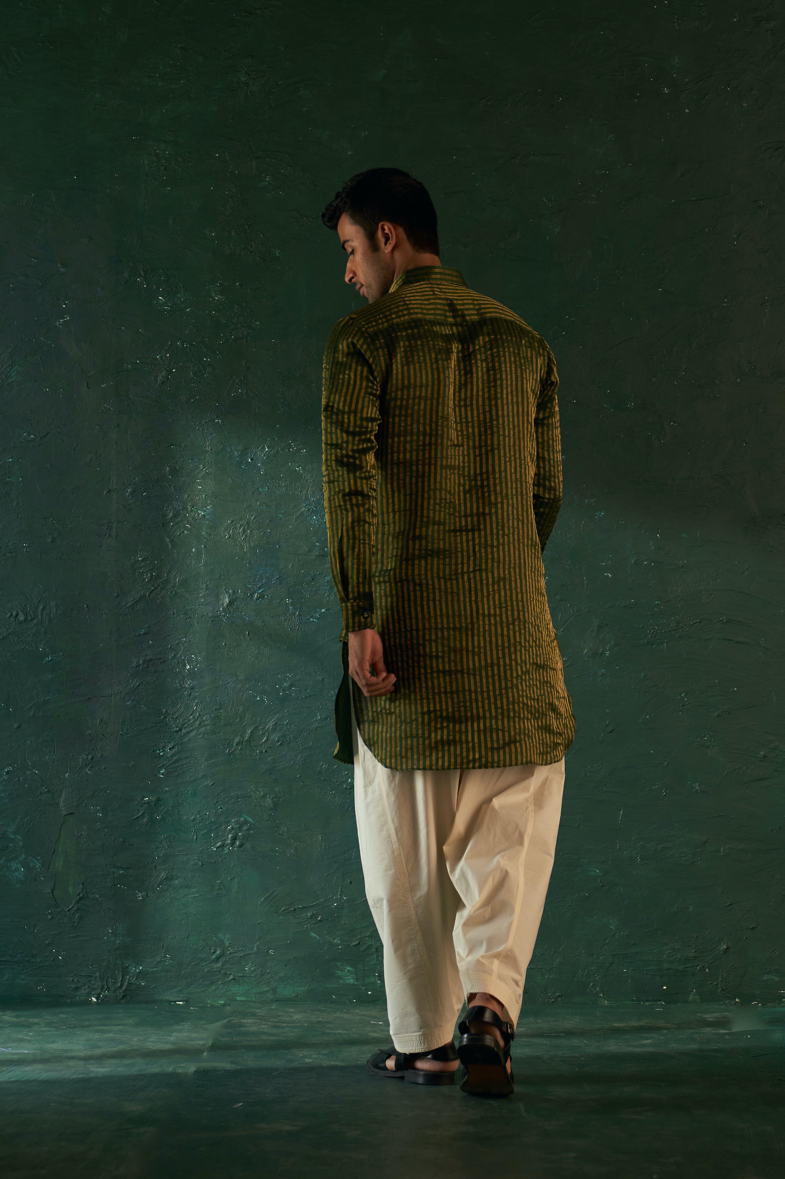 CY Charkhee Deep Green Tissue Stripe Pathani Kurta With Bundi Back 1