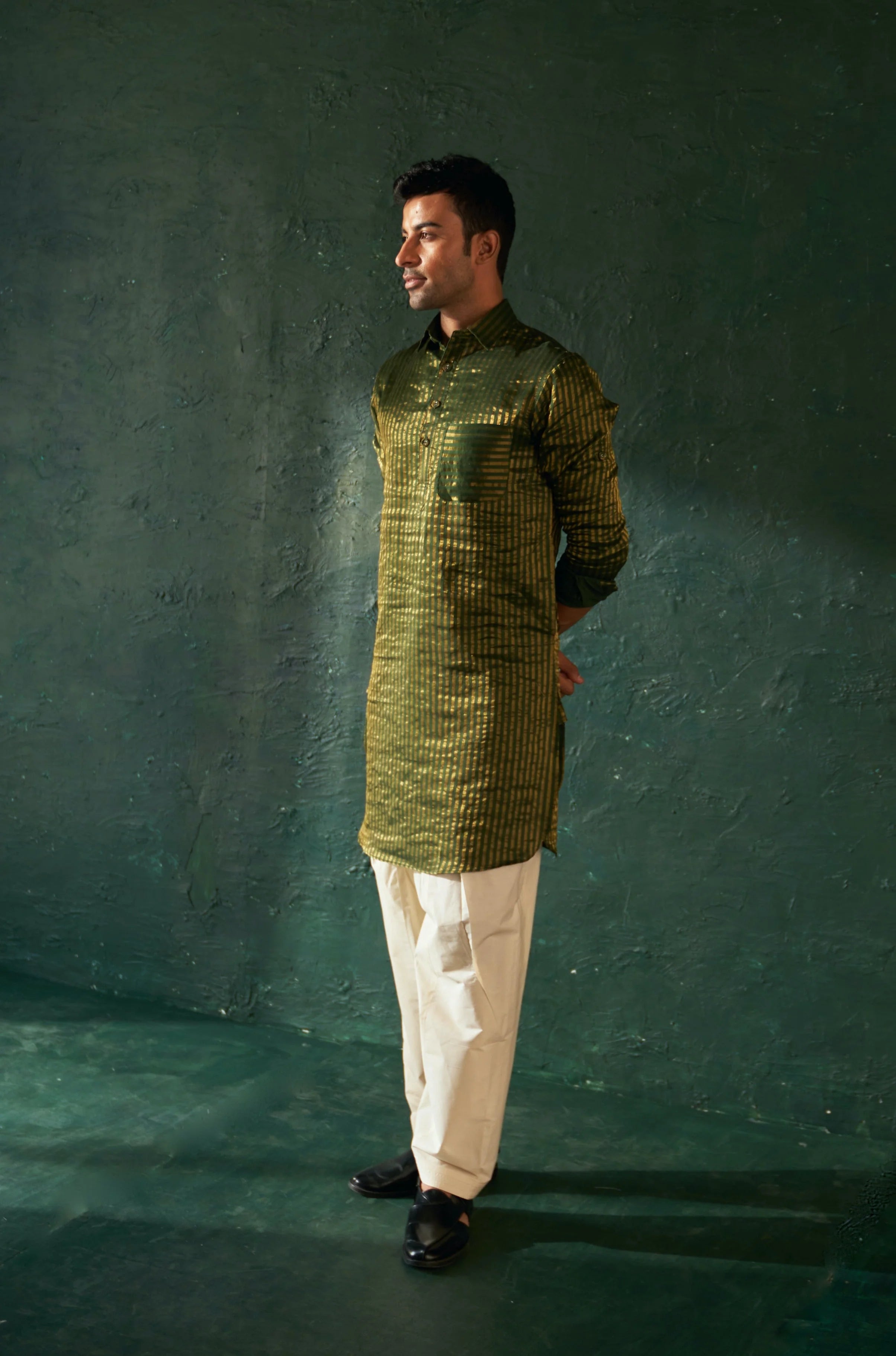 Deep Green Tissue Stripe Pathani Kurta Set