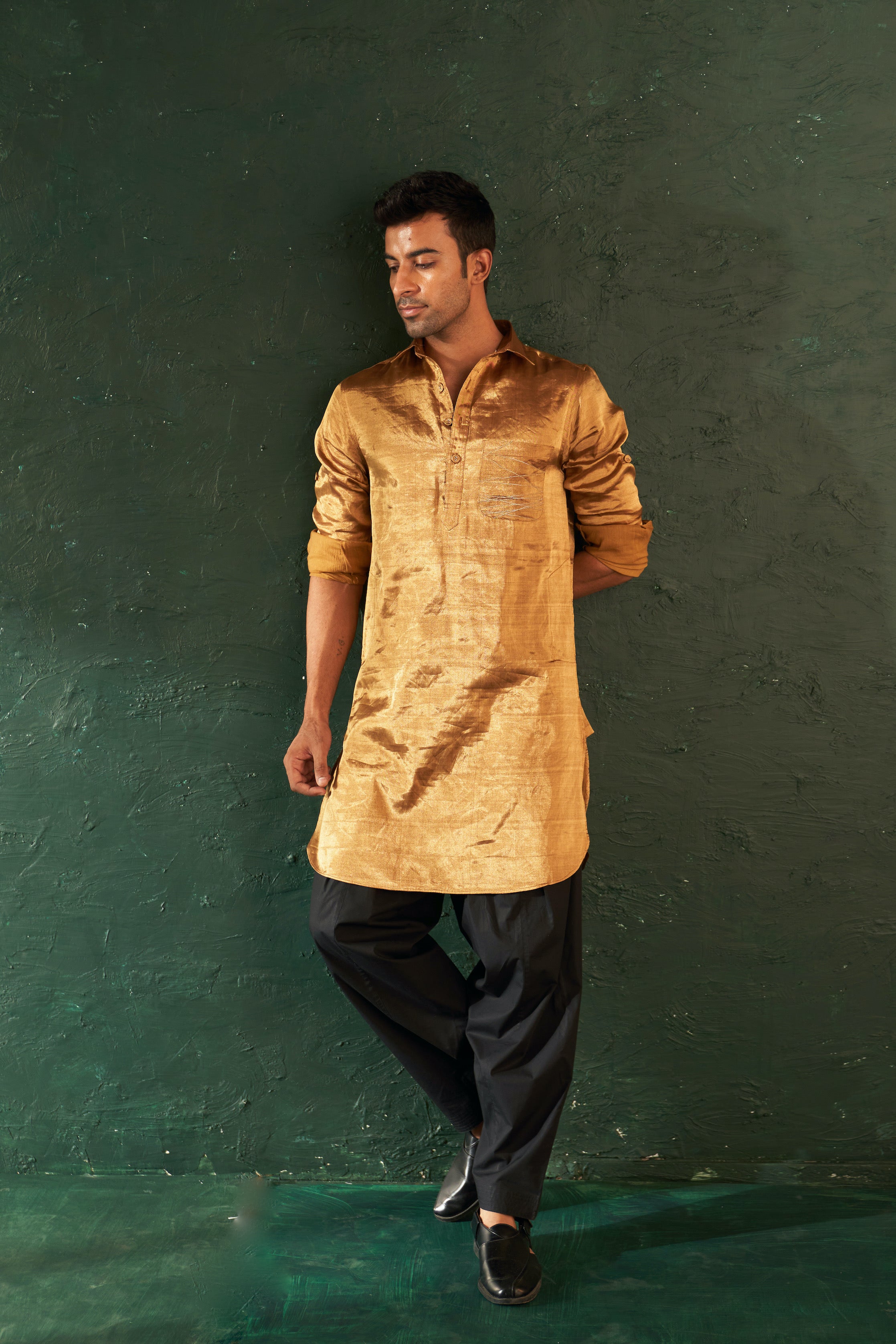 CY Charkhee Gold Tissue Pathani Kurta With Salwar Front 1