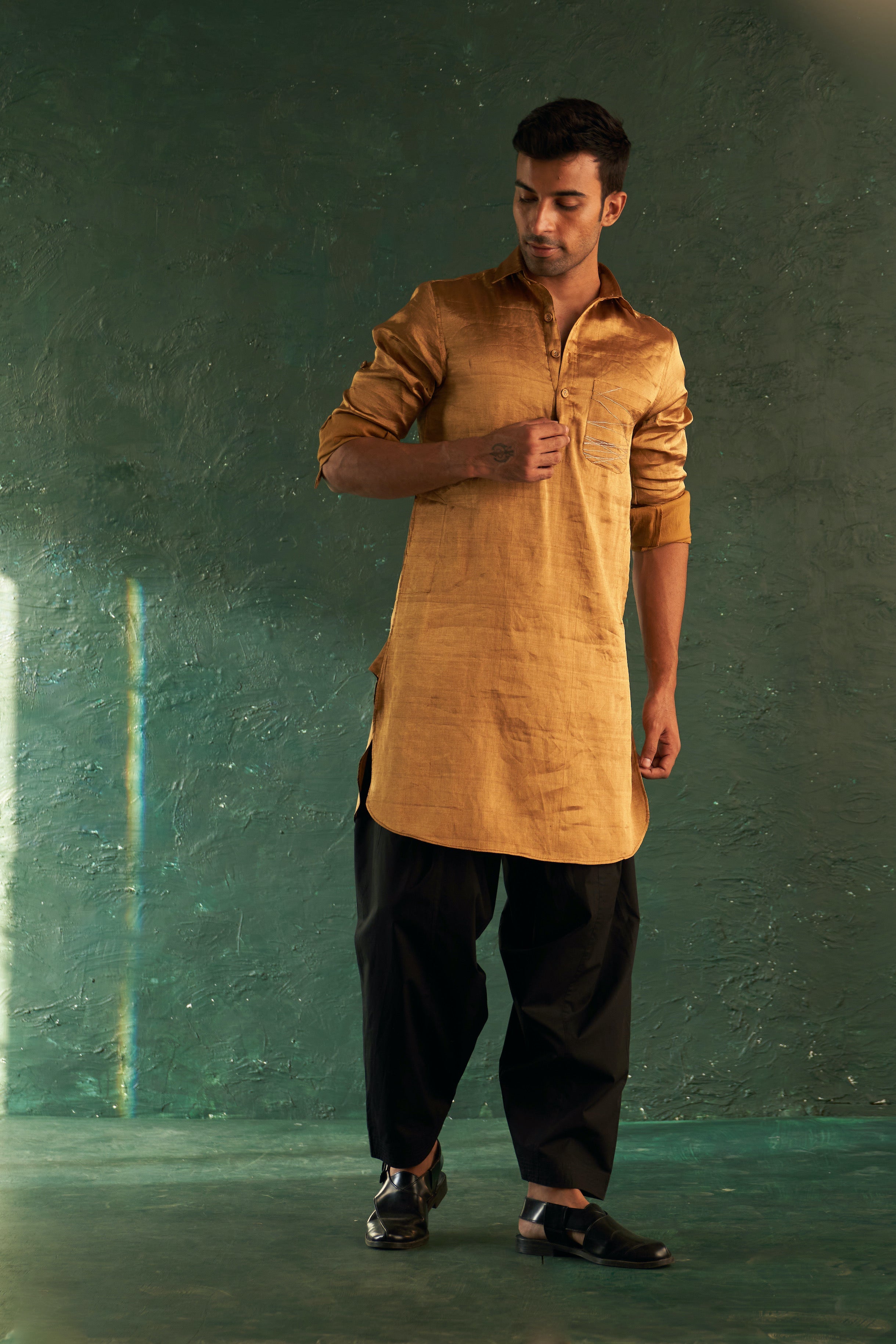 CY Charkhee Gold Tissue Pathani Kurta With Salwar Front 2