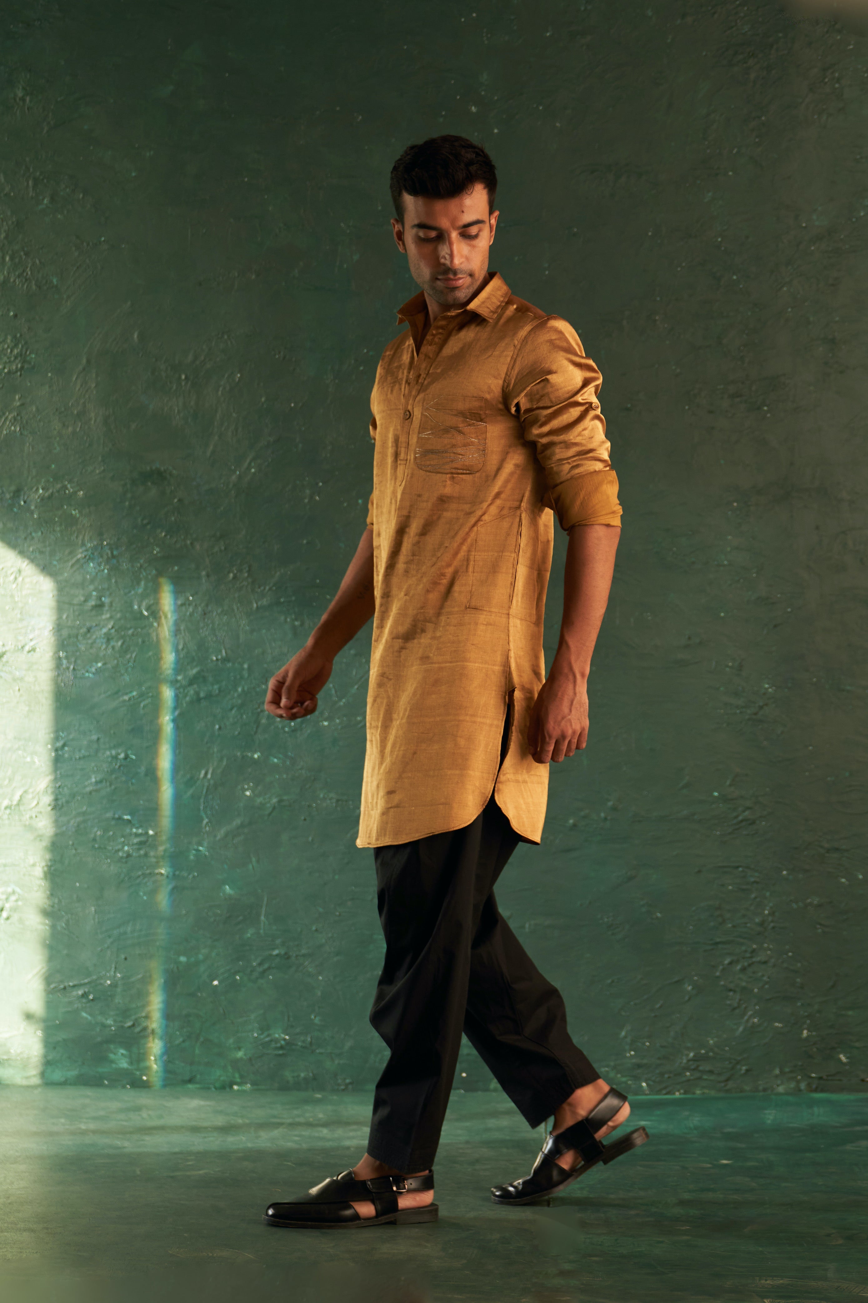 CY Charkhee Gold Tissue Pathani Kurta With Salwar Side 1