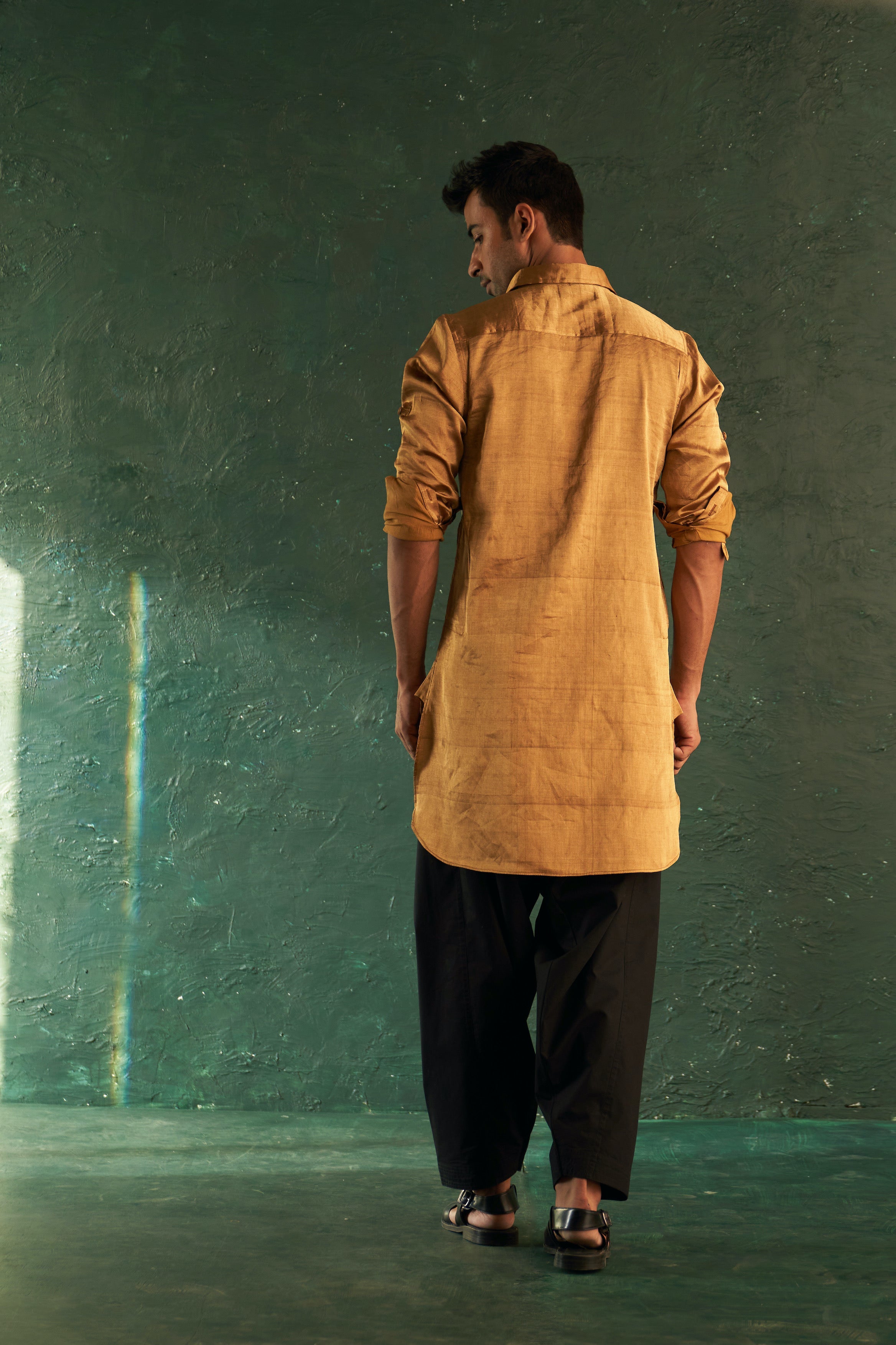 CY Charkhee Gold Tissue Pathani Kurta With Salwar Back 1