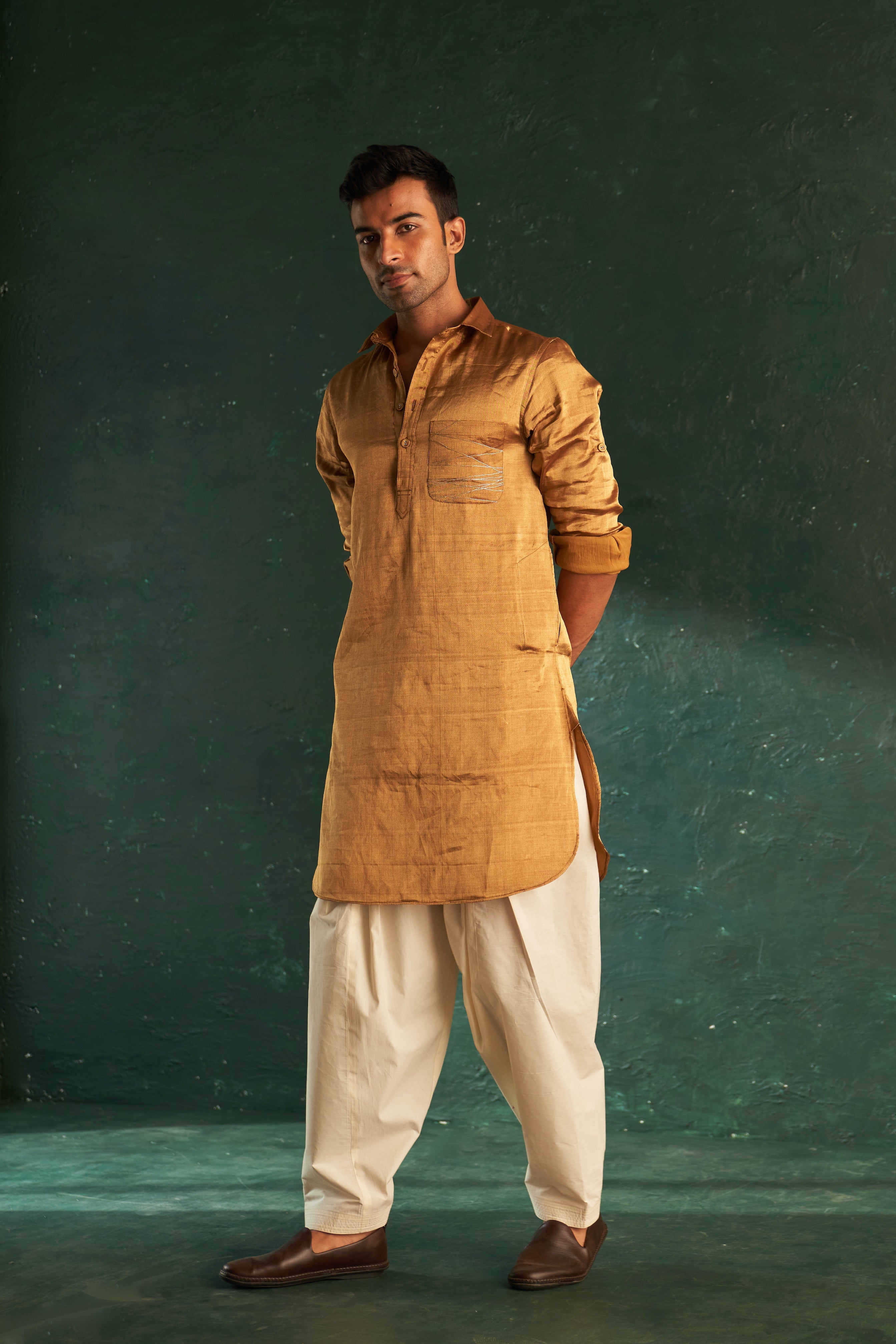 CY Charkhee Gold Tissue Pathani Kurta Set With Bundi Front 2