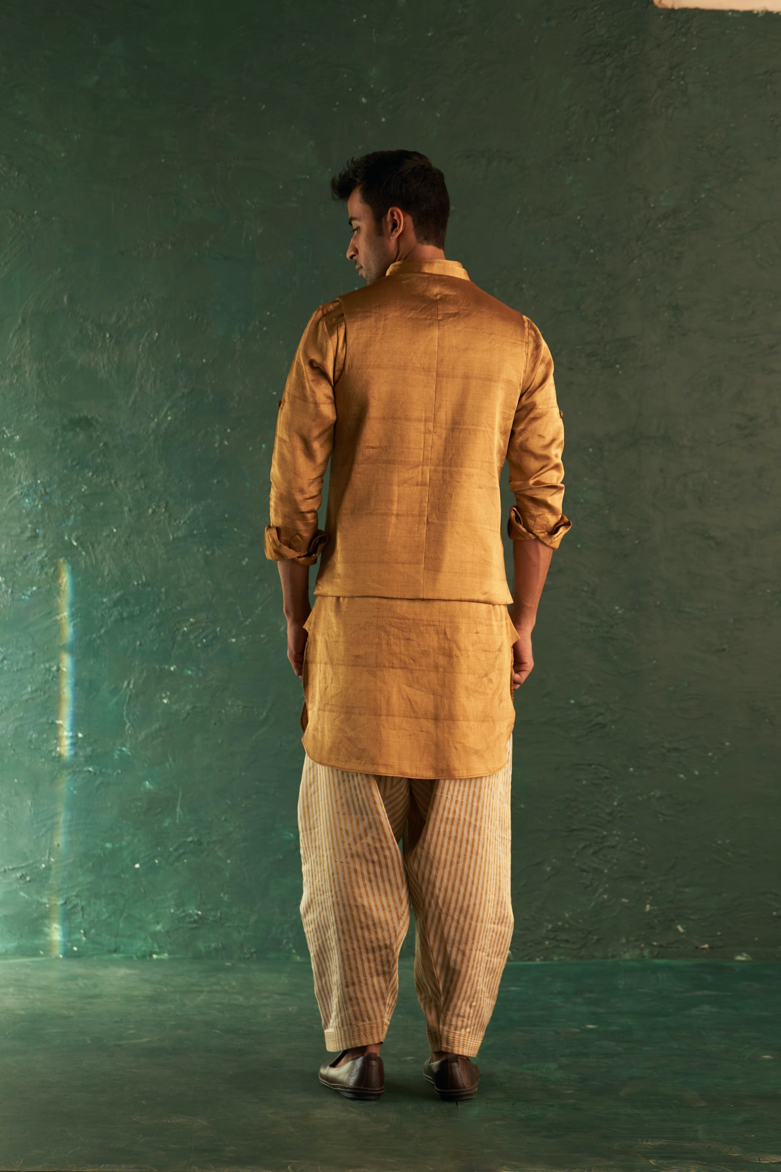 CY Charkhee Gold Tissue Pathani Kurta Set with Bundi Back 1