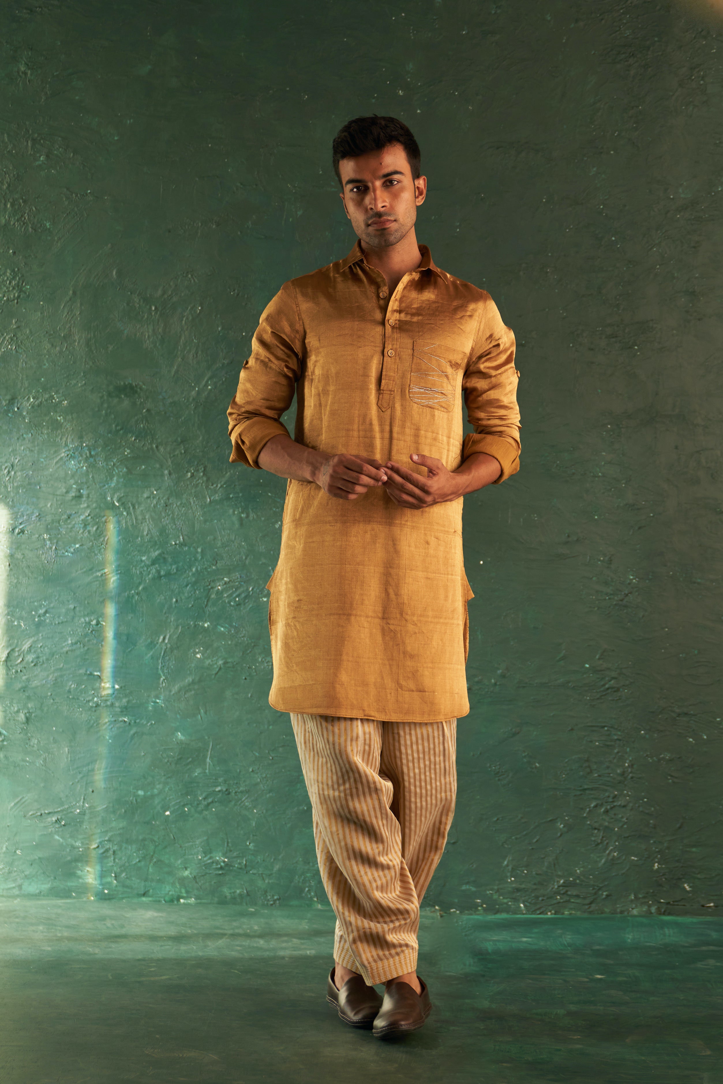 CY Charkhee Gold Tissue Pathani Kurta Set with Bundi Front 2