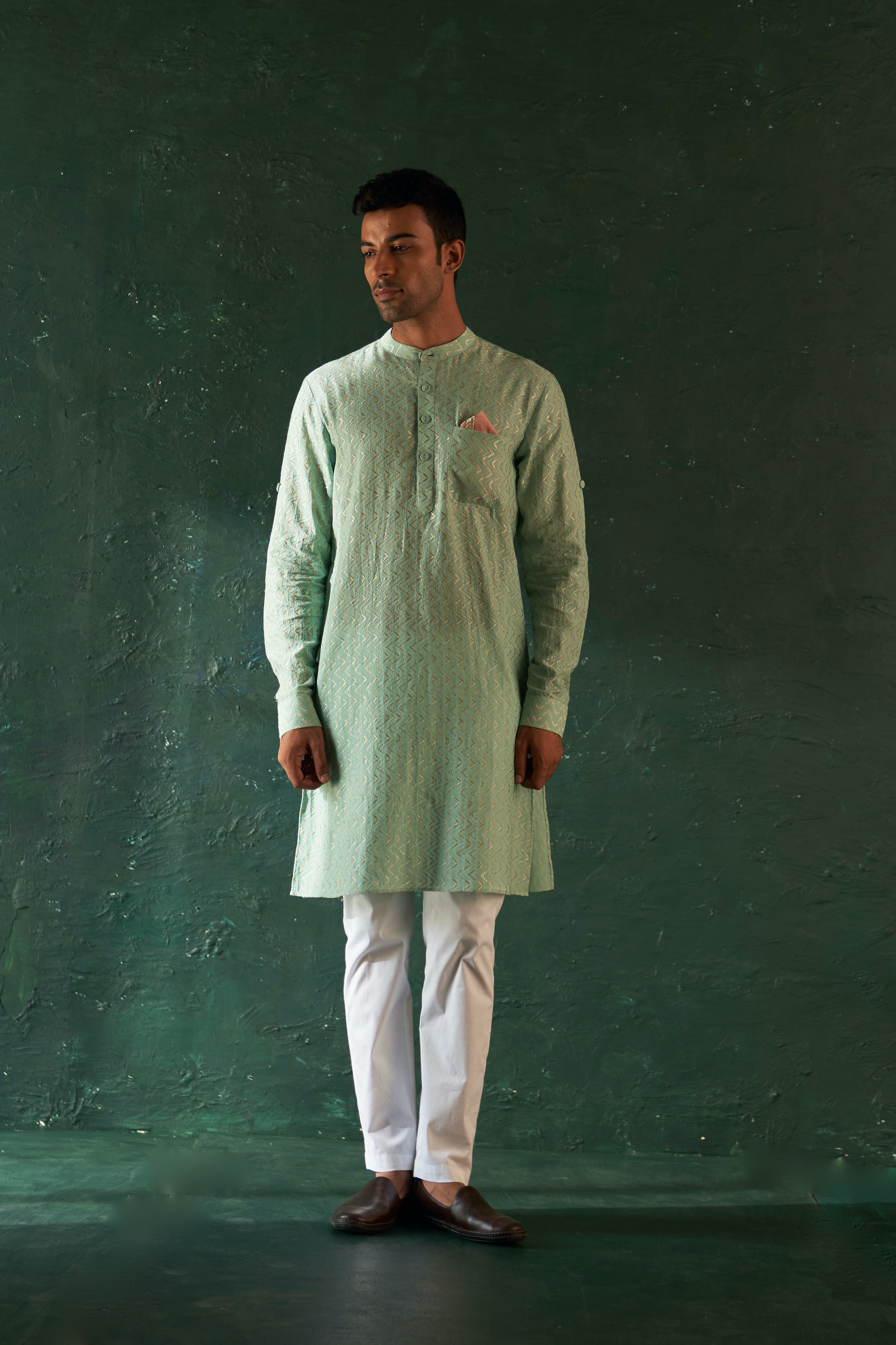 CY Charkhee Aqua Green Chevron Embroidered Kurta With Pant Front 2