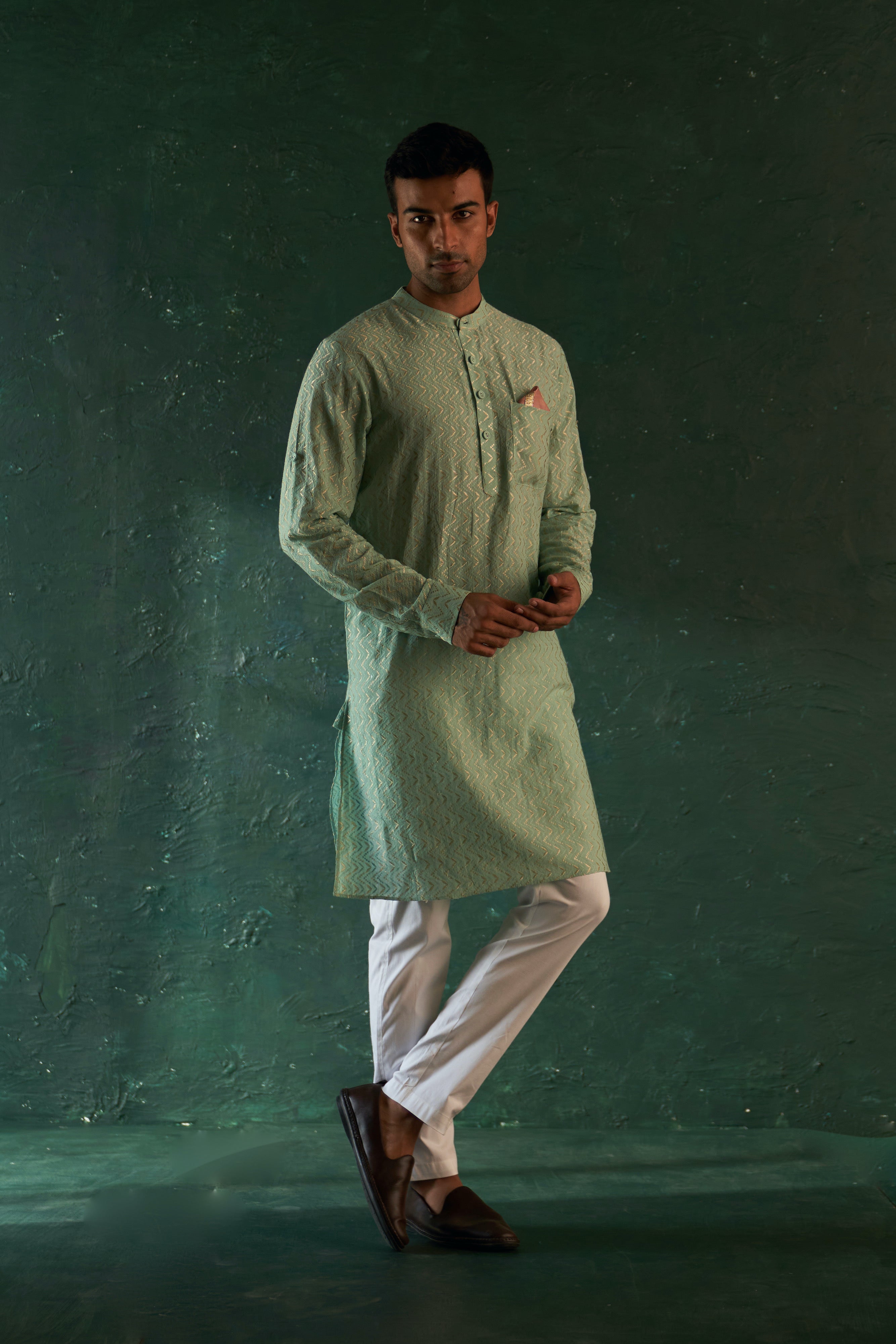 CY Charkhee Aqua Green Chevron Embroidered Kurta With Pant Front 1