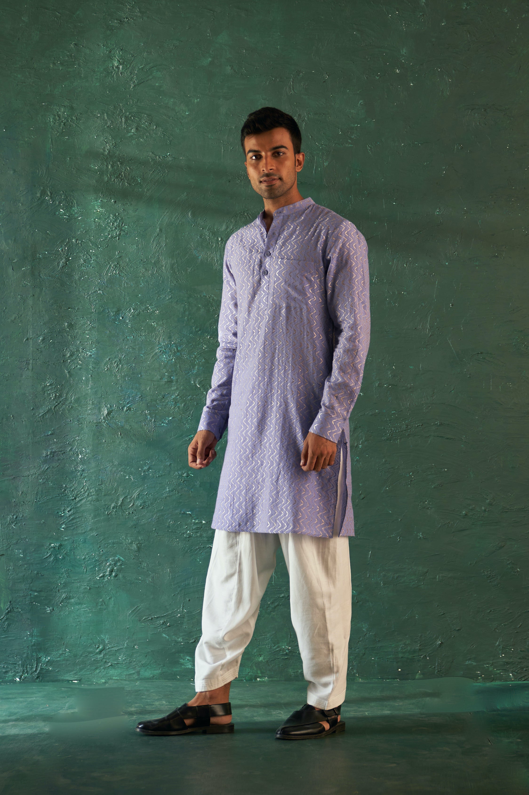 CY Charkhee Lavender Chevron Embroidered Kurta With Salwar Front 1