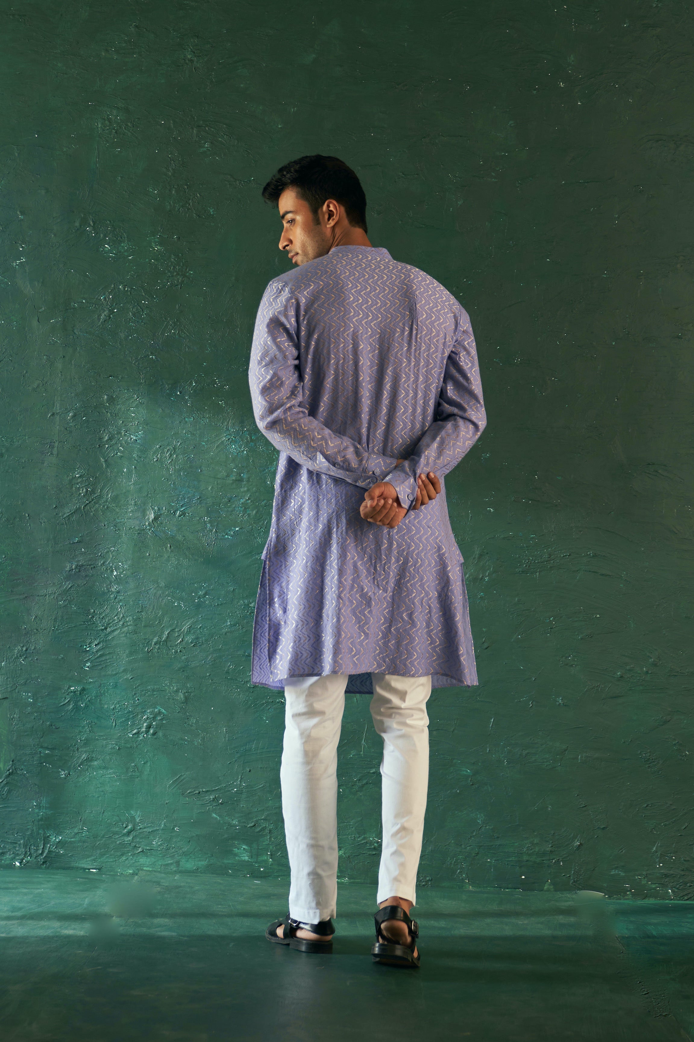 CY Charkhee Lavender Chevron Straight Kurta Set With Bundi Back 1