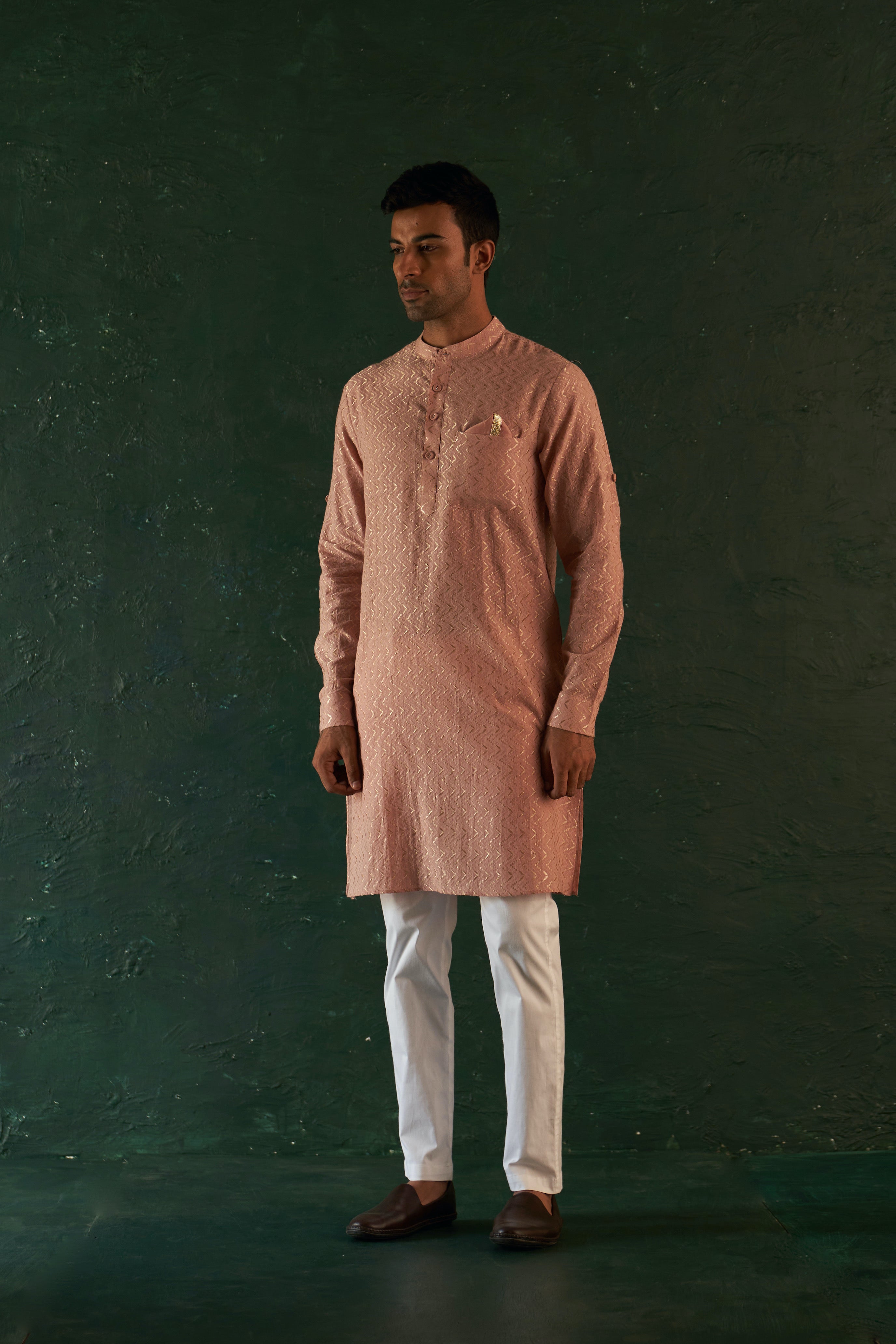 CY Charkhee Old Rose Chevron Embroidered Kurta With Pant Front 1