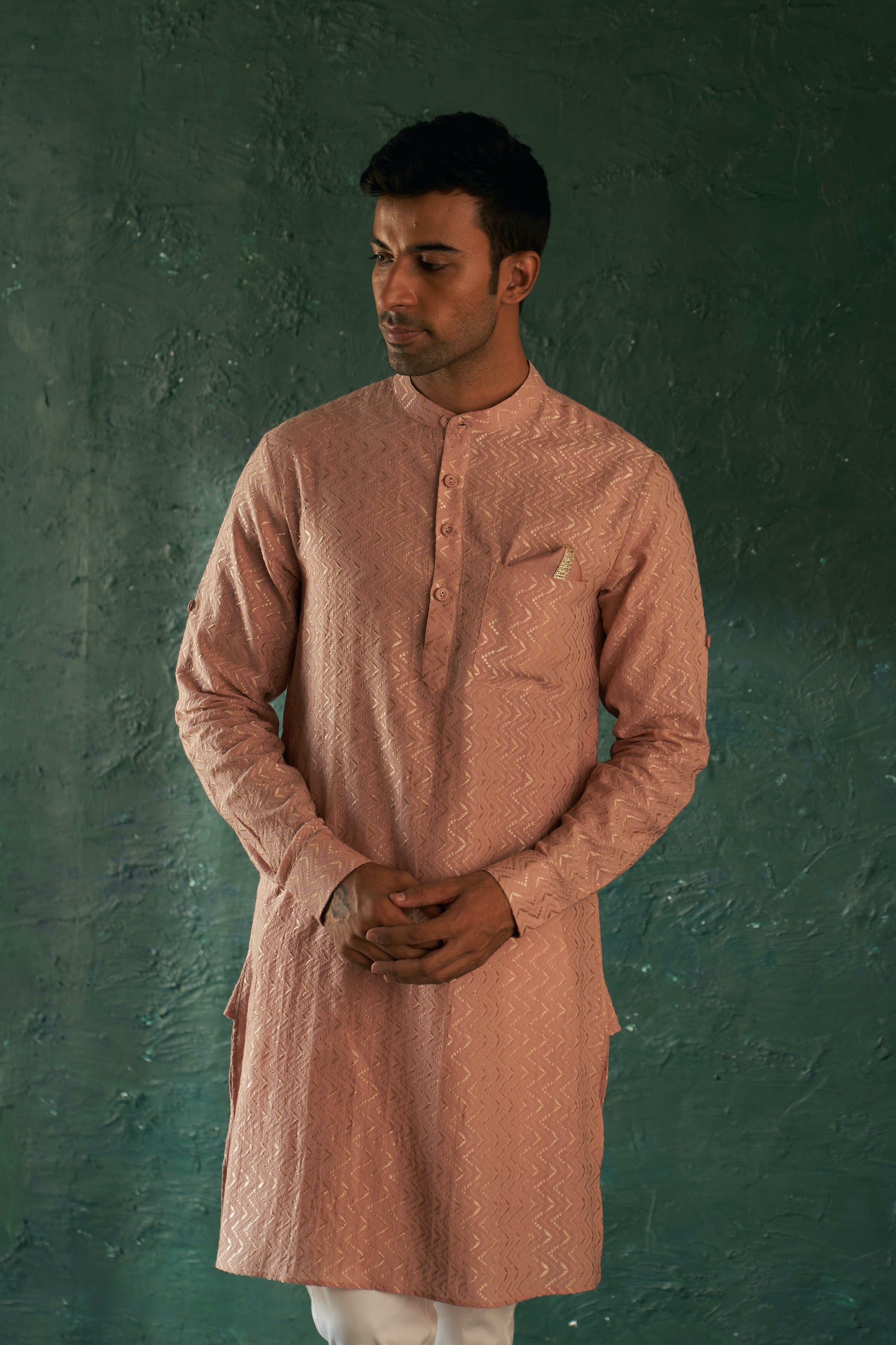 CY Charkhee Old Rose Chevron Embroidered Kurta With Pant Closeup 2