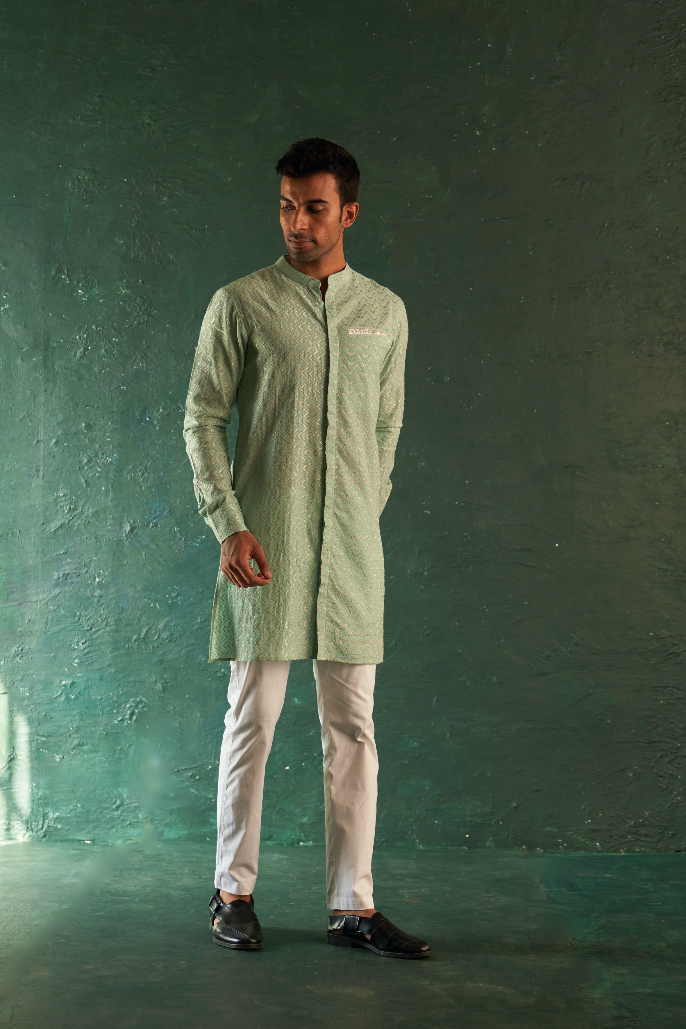 CY Charkhee Aqua Green Chevron Short Kurta With Pant  Front 2