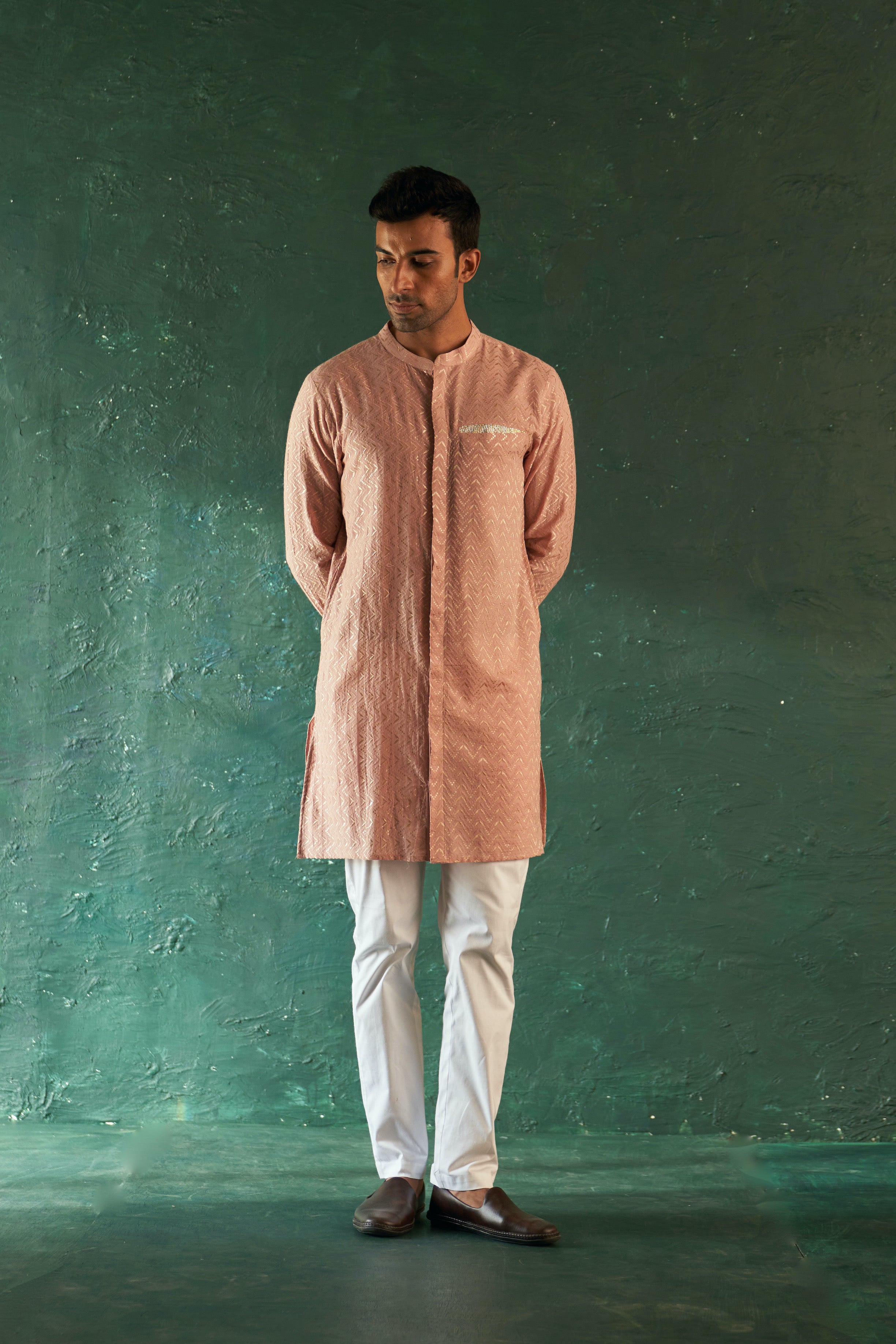 CY Charkhee Old Rose Chevron Short Kurta With Pant Front 2