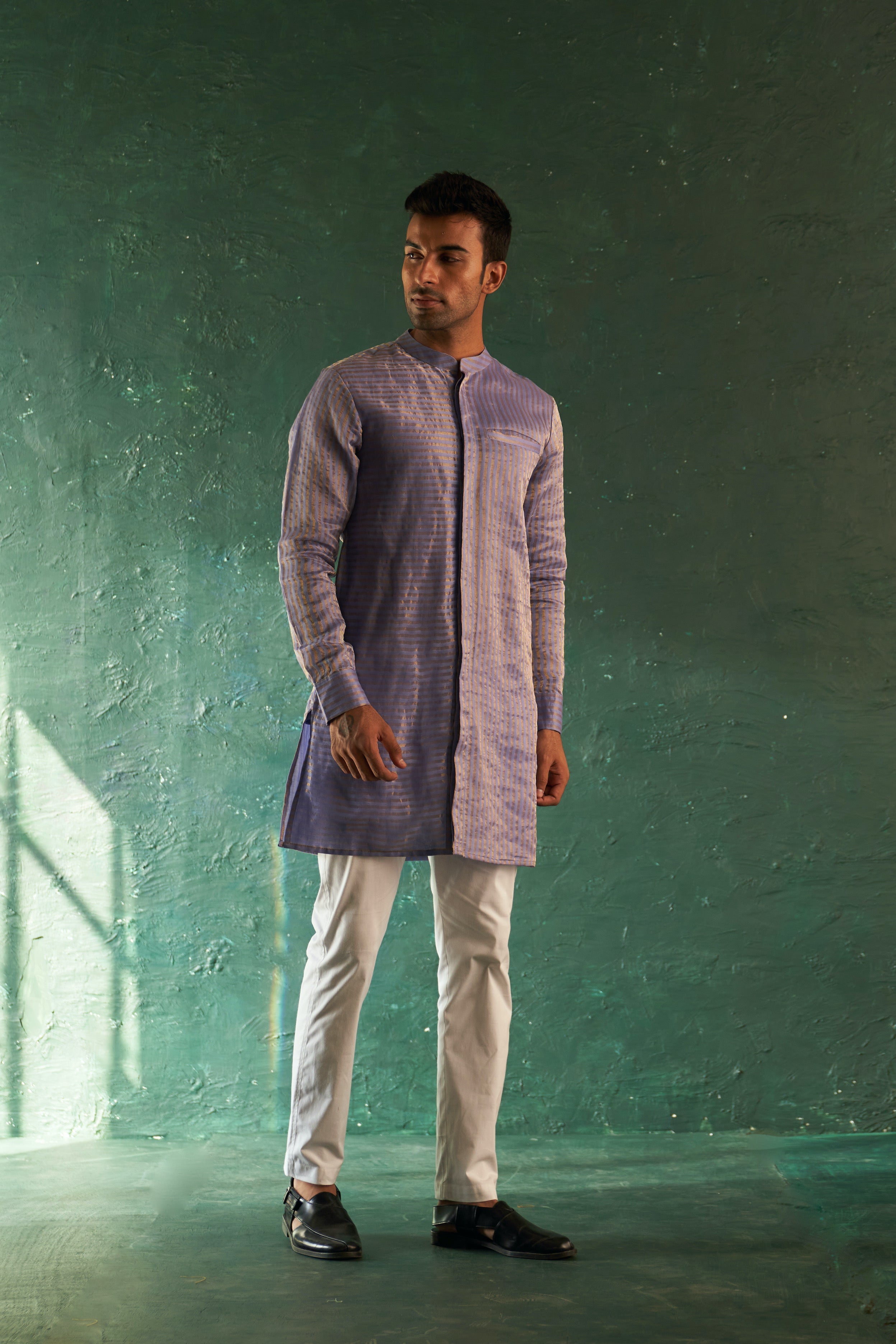 CY Charkhee Lavender Tissue Stripe Kurta With Pant Back 1