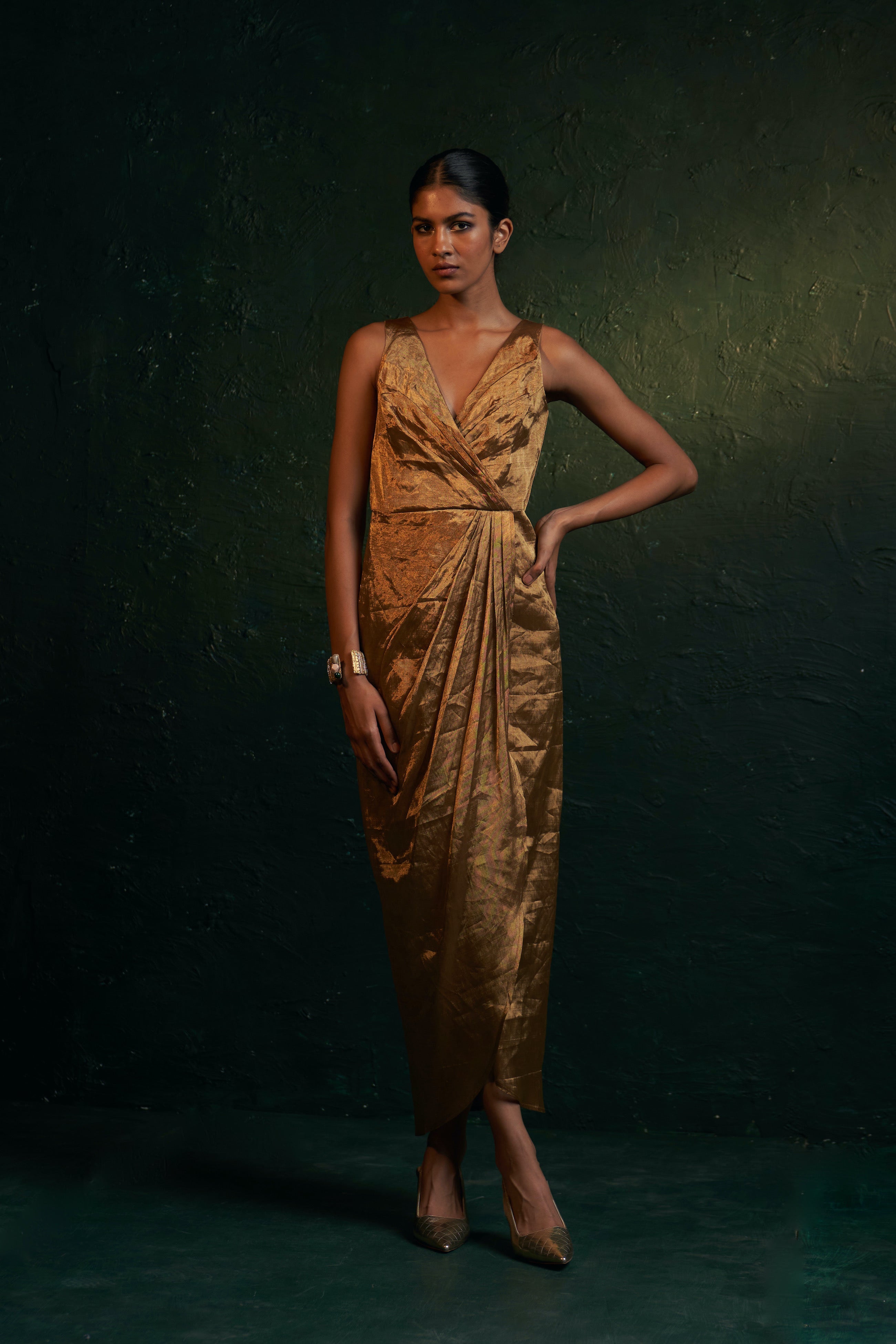 CY Charkhee Gold Tissue Dress Front 1