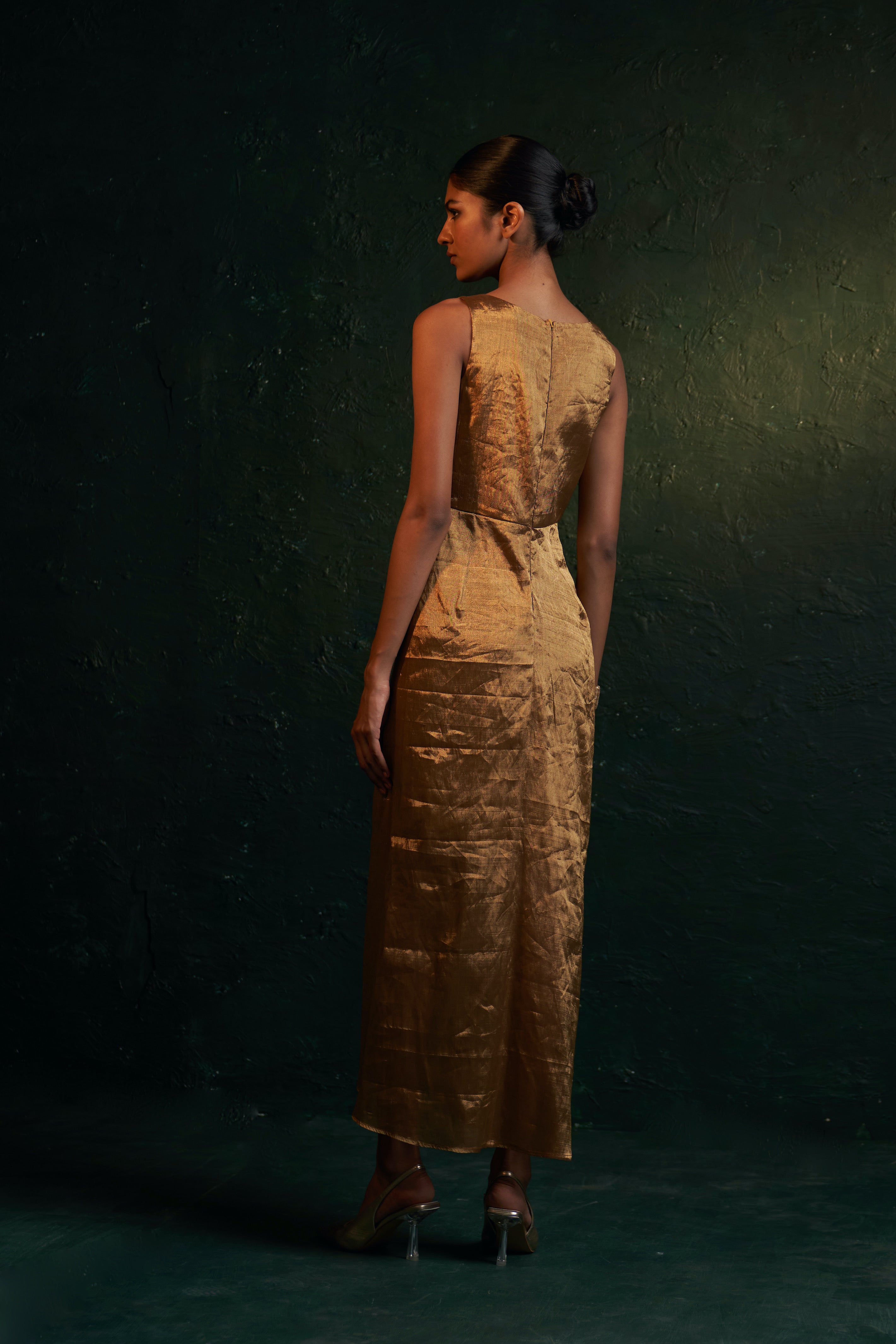 CY Charkhee Gold Tissue Dress Back 1