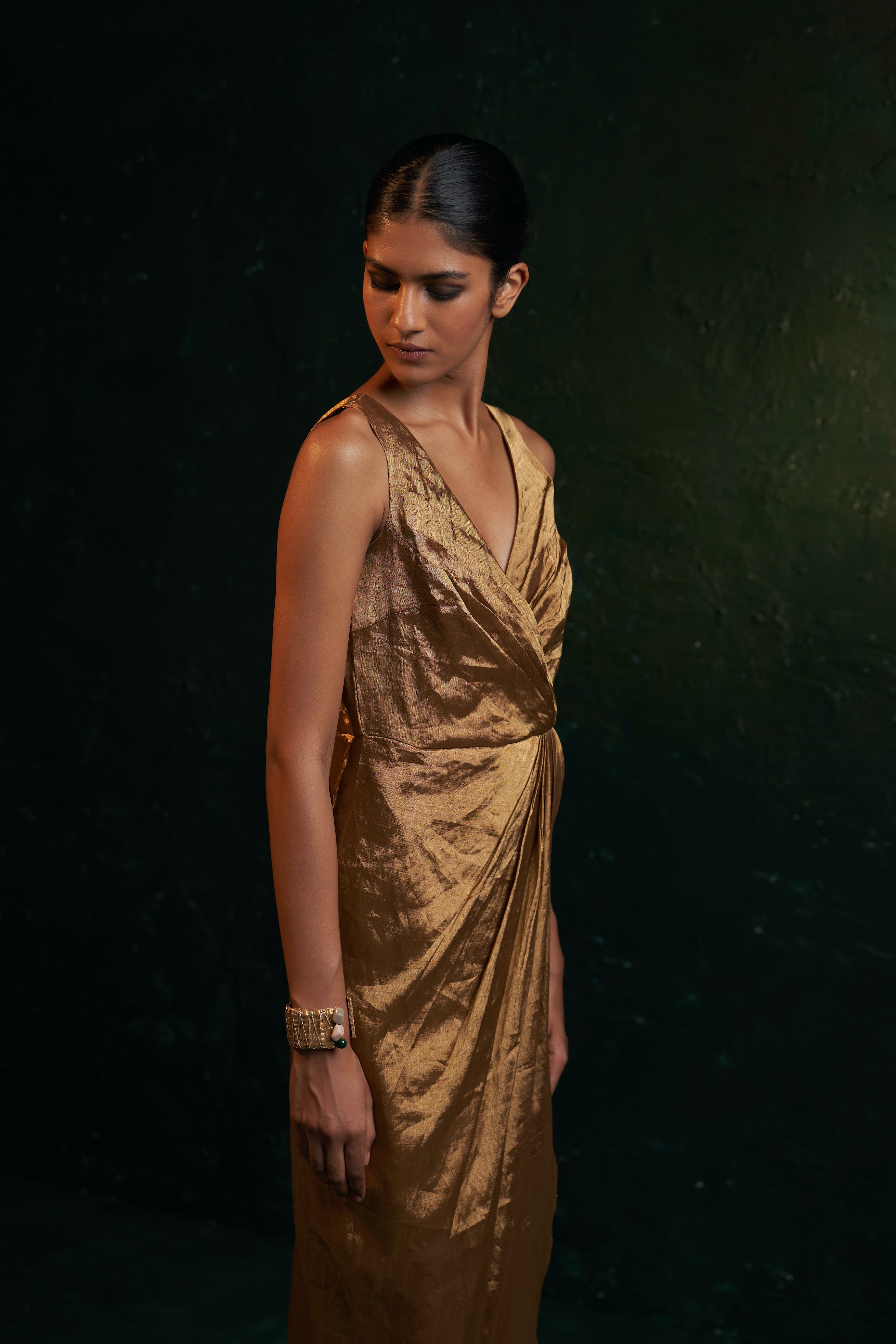 CY Charkhee Gold Tissue Dress Side 1