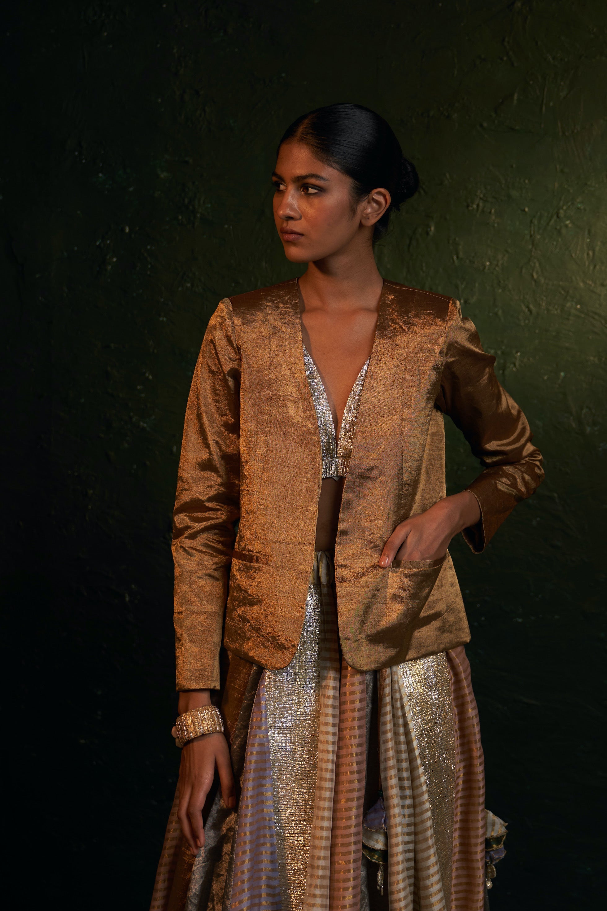 CY Charkhee Gold Tissue Blazer Closeup 3