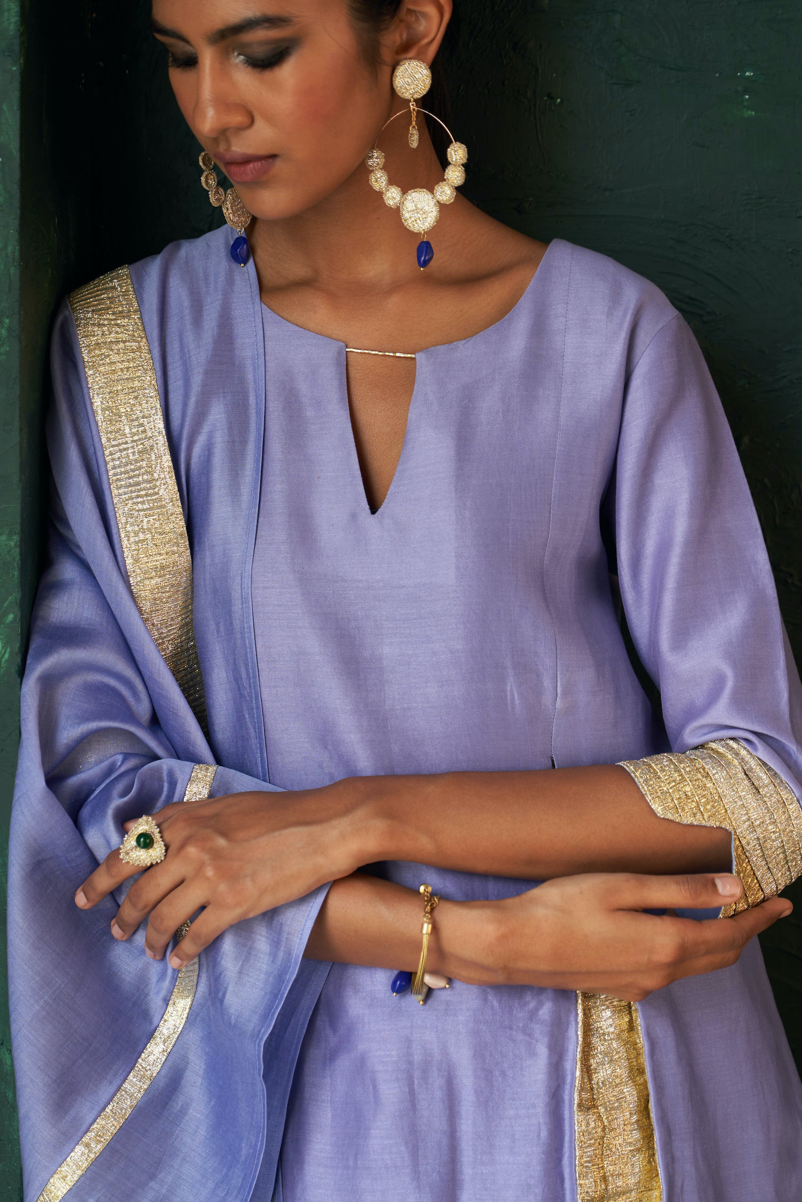 CY Charkhee Lavender Chanderi Kurta Closeup 1