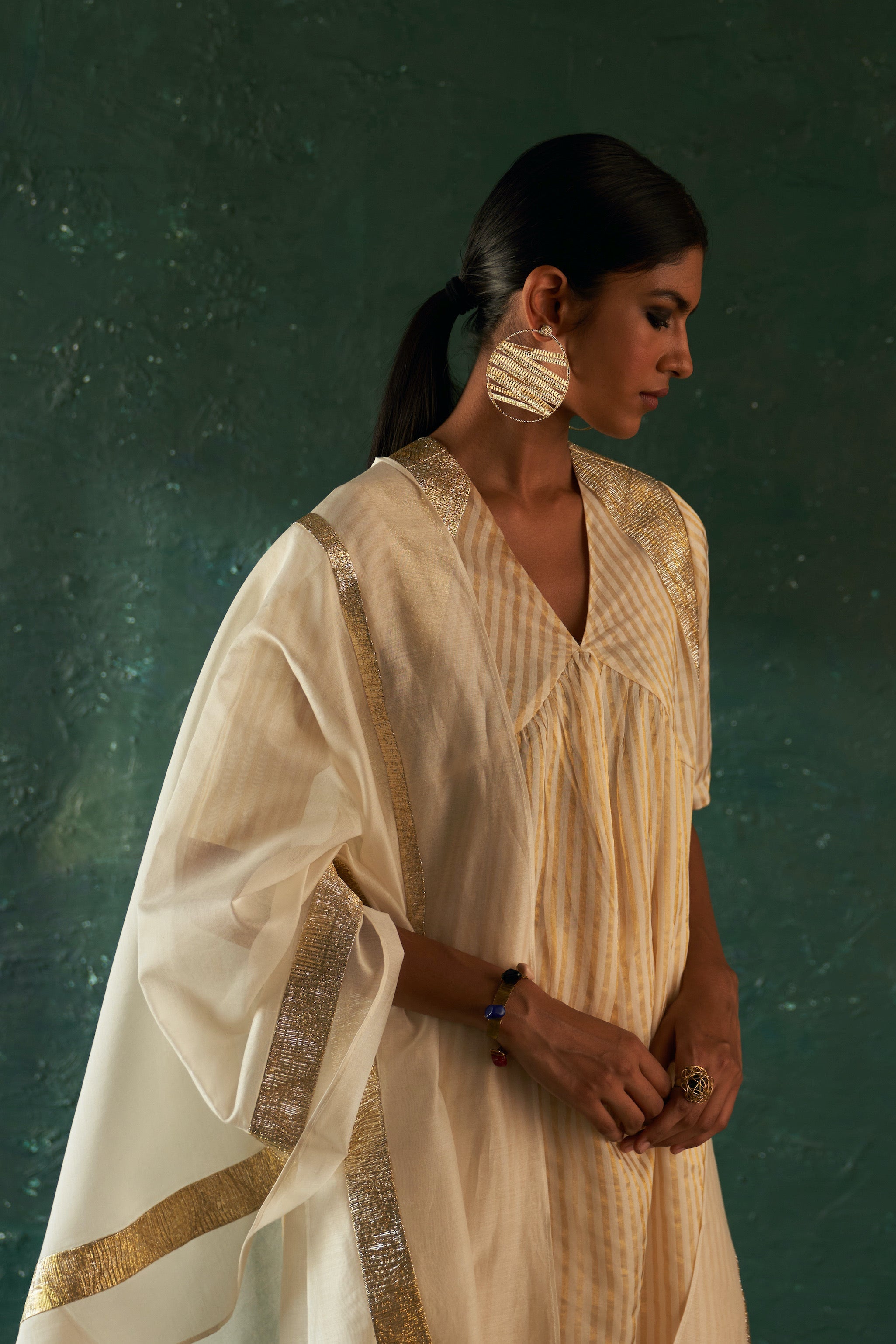 CY Charkhee Ivory Tissue Stripe Kurta Closeup 1